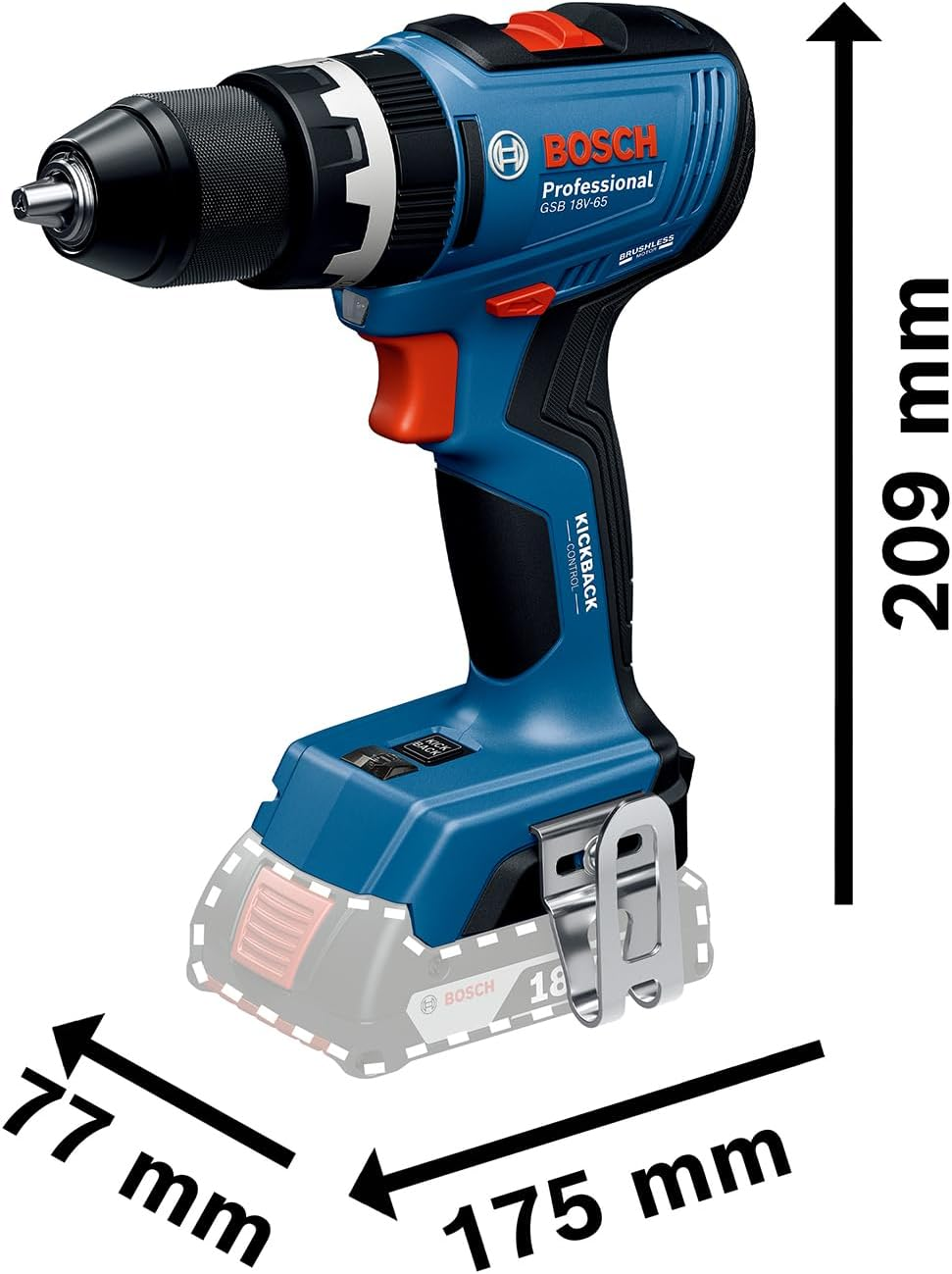 Bosch Professional 18V System Cordless Drill Driver GSB 18V-65 (Brushless Motor, Head Length 175, without Battery/Charger) image number 2