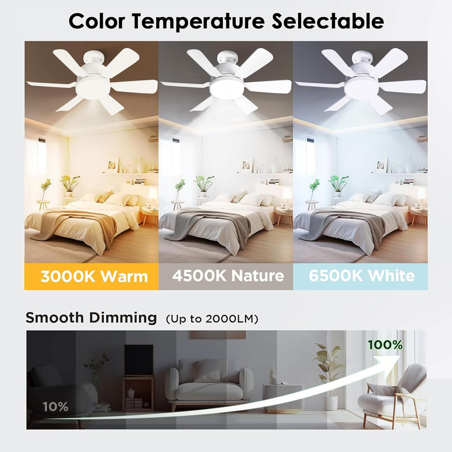 TUXOIUBA Socket Ceiling Fan Light with Remote and 1 Socket Extender, E26/E27 Based Easy Install, 3 Color Stepless Dimming, 3 Speeds, Dimmable LED for Bedroom, Kitchen and Living Room image number 3