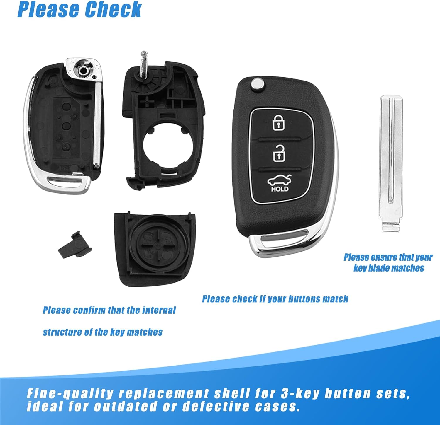 YQDUVNEY Remote Key Shell Replacement Key Shell 3 Buttons Flip Folding Car Key for Hyundai, Santa Fe, Sonata, Ix25/Ix35/Ix45, Tucson, Accent, Verna, Solaris, and Elantra image number 1