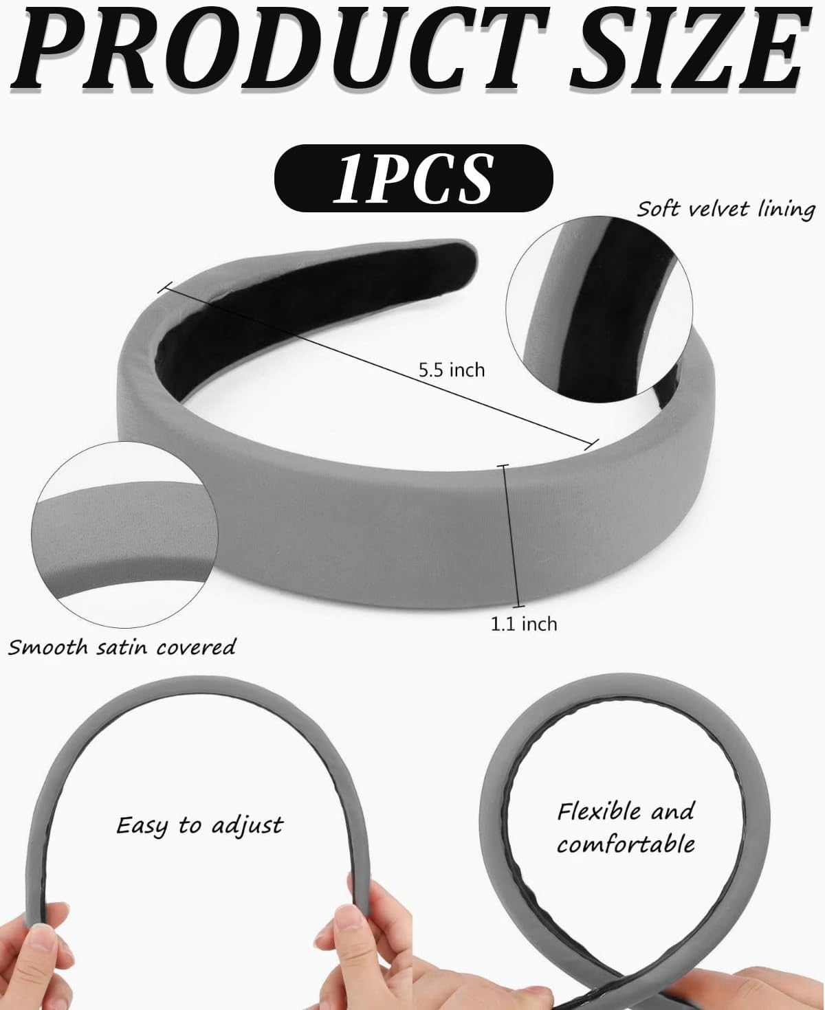 YOCDNOV 1 Piece Retro Style Velvet Padded Headbands - Classic Pink Headband Hair Band Women Wide Headband 3Cm Hair Accessories (Grey)