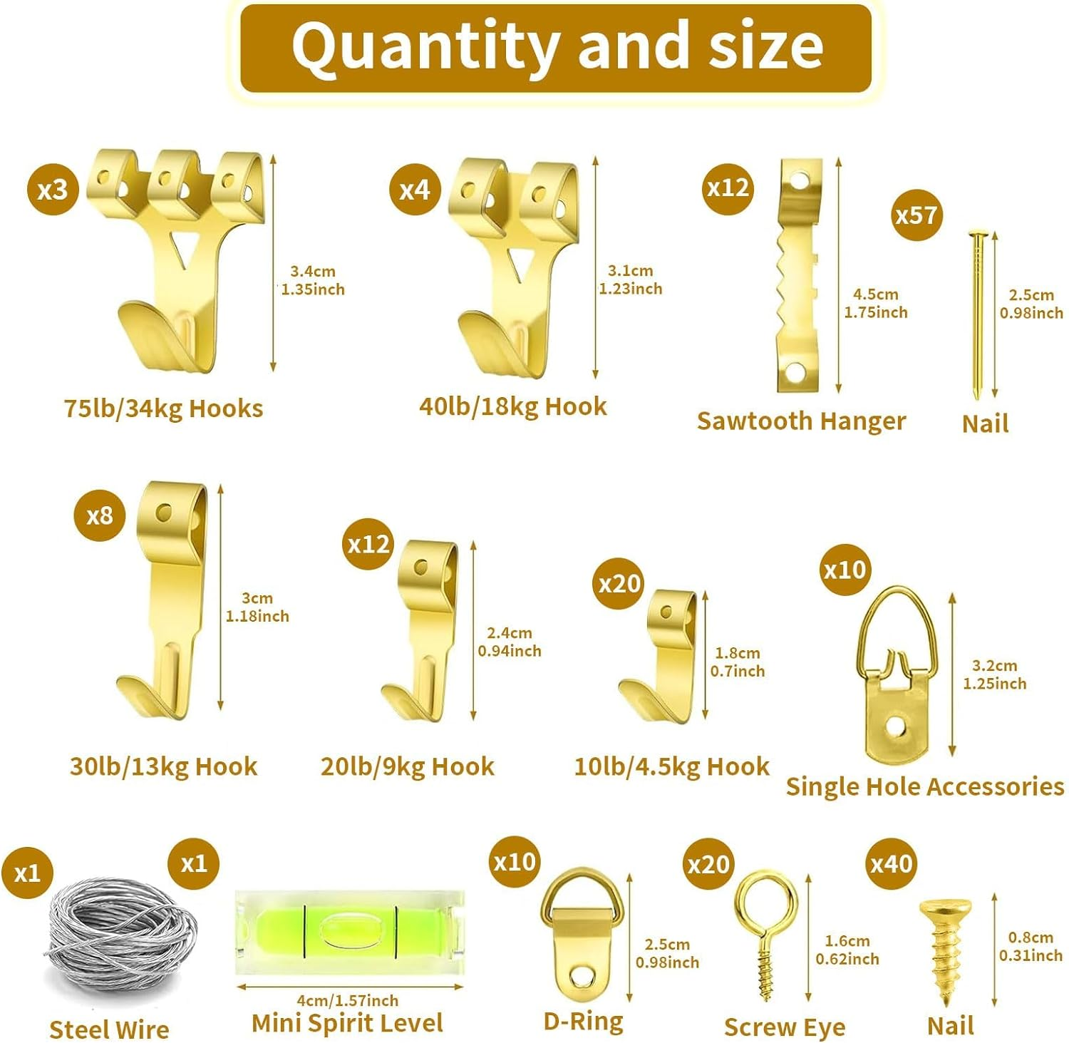 Picture Hanging Kit, Heavy Duty Frame Mirror Picture Hanging Hooks, 75Lb/40Lb/30Lb/20Lb/10Lb Picture Hangers with Wall Nails, Hanging Wire, Saw Tooth, D Ring, Screw Eyes and Level for Wall Mounting image number 4