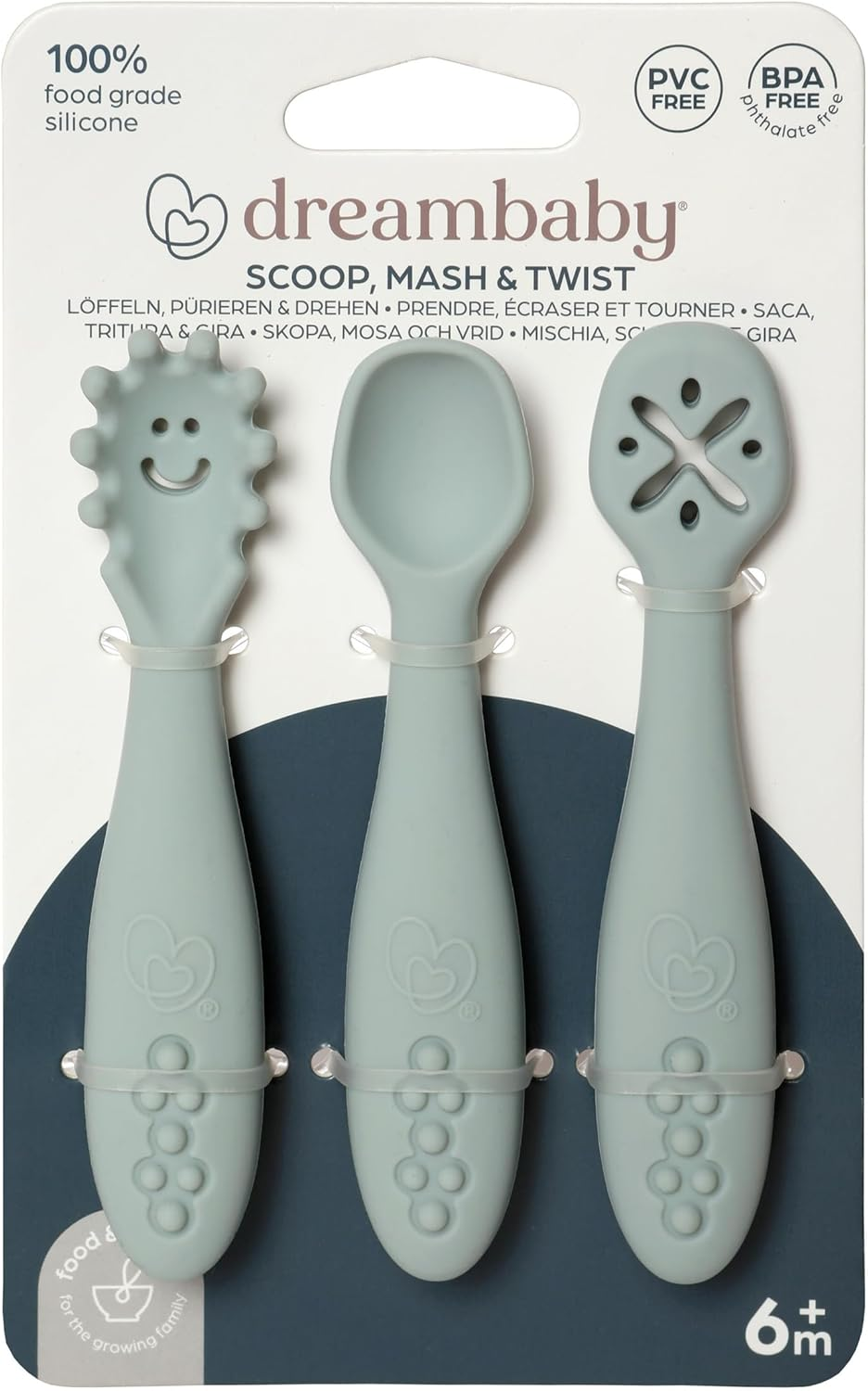 Dreambaby Scoop Mash and Twist Silicone Baby Spoon Set - 3 Stage Toddler Utensils for Baby Led Weaning - Soft Chew Training Spoons, Seafoam image number 1