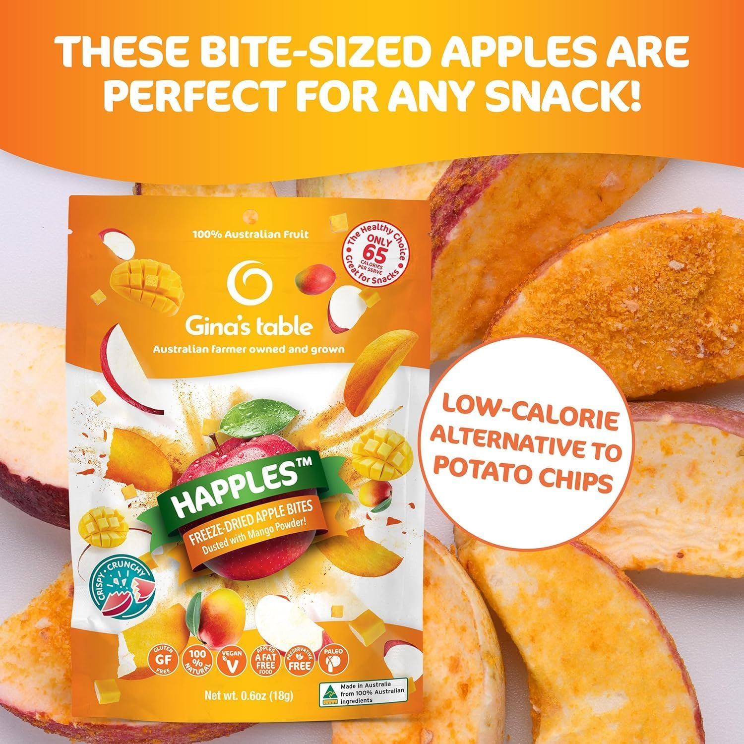 Gina&rsquo;S Table Happles 18G Freeze-Dried Fruit Snack &ndash; Natural Freeze-Dried Fruit &ndash; Apple Crisps &ndash; Healthy Fruit Snacks for Kids &ndash; Low-Calorie Snacks &ndash; Apple & Mango (10 Pack) image number 2