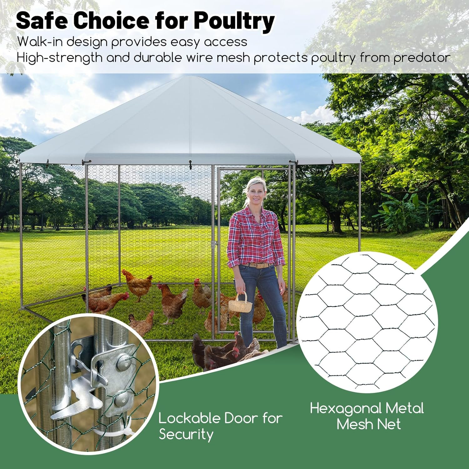Costway Metal Chicken Coop, Chicken Run House Spire-Shaped Cage W/Wire Mesh & Lockable Door for Duck, Goose, Rabbit, Walk-In Poultry Cage W/Waterproof Cover for Backyard, Farm image number 6