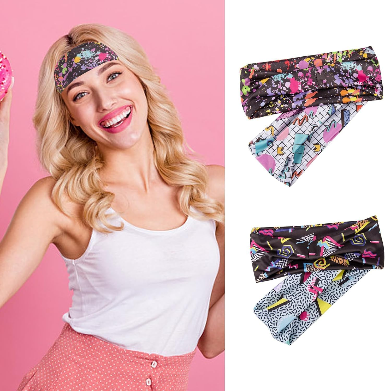 4 Pcs Neon 80S/90S Retro Headbands for Women and Men Wide Vintage Fashion Sweatbands for Travel, Hiking, Running image number 6