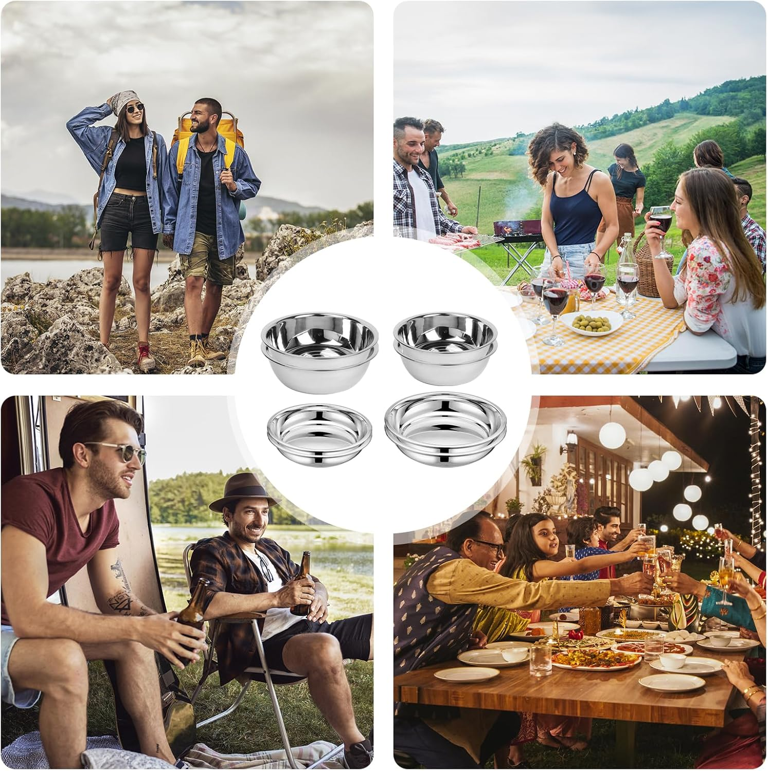 8 Pieces Stainless Steel Plates, Bowls, Stainless Steel round Tableware, Camping Set, 8-Piece Set, Stainless Steel Plates & Bowls for Camping, Picnic, Hiking, Kitchen, Party image number 3
