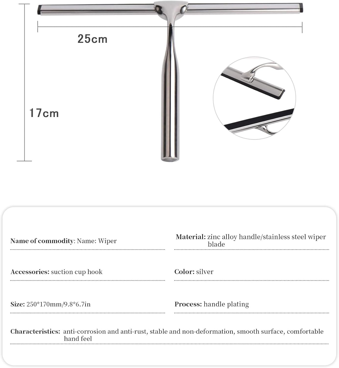 Shower Squeegee with Suction Hanger, 10 Inches Shower Glass Cleaner Wiper, &lrm;Stainless Steel Window Squeegee Scraper for Home Bathroom Kitchen Car Glass Doors image number 3