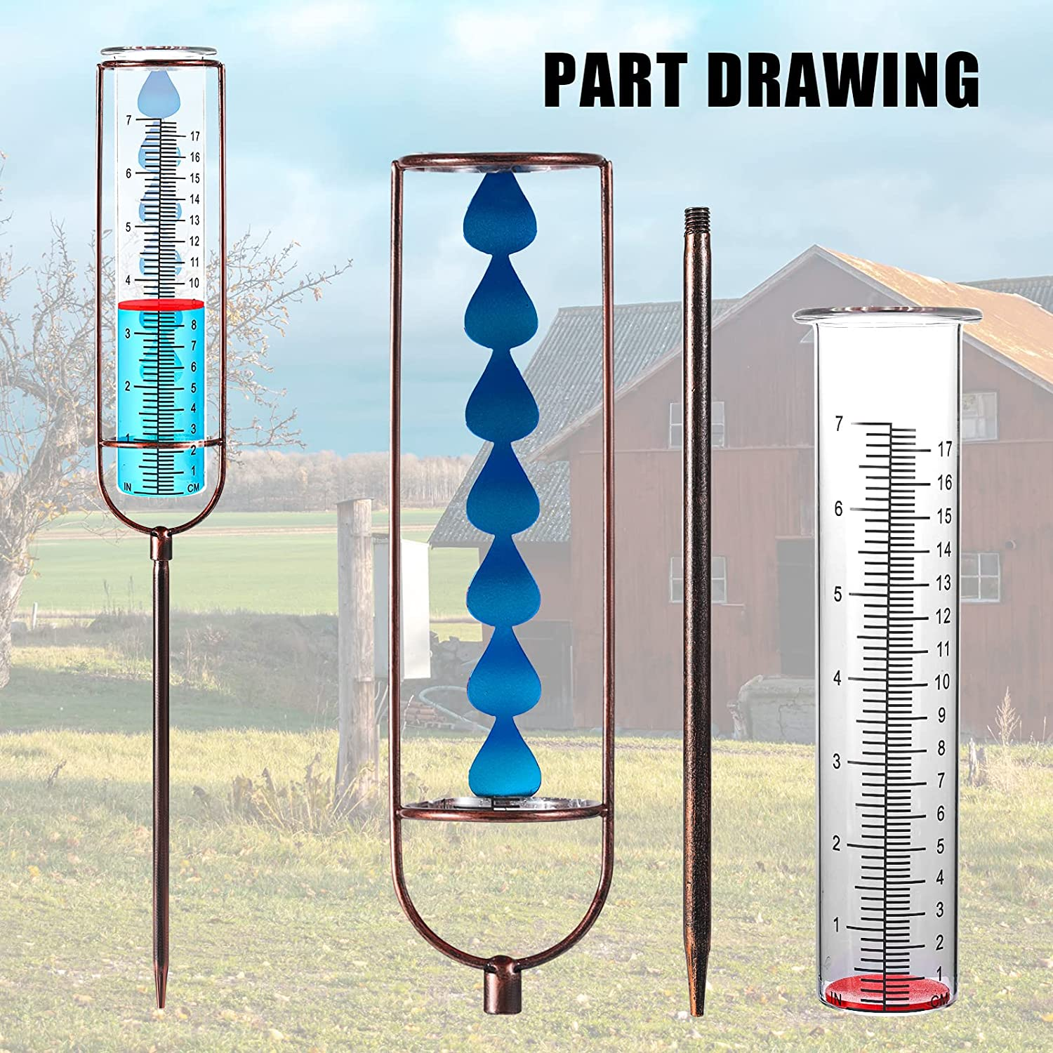 Rain Gauge Outdoor, 7 Inch Large Capacity Glass Rain Gauge Outdoor with Stake and Gasket, Easy to Read Removable Rain Gauges for Yard, Lawn, Garden, Fence (Bronze) image number 1