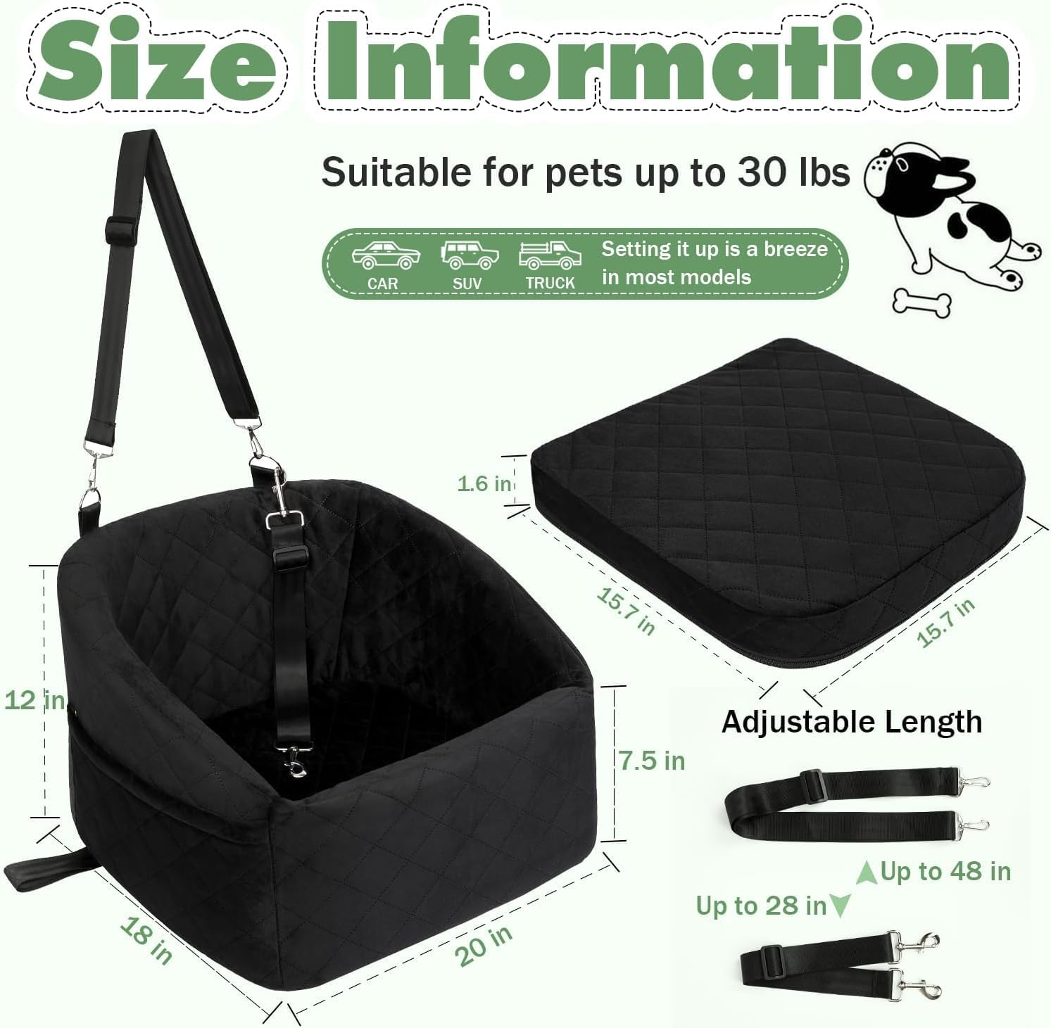 Dog Car Seat for Small and Medium Dogs,Car Seat for Dogs Removable and Washable Dog Booster Seat under 30Lbs, Pet Car Seat Travel Bed with Storage Bag and Dog Safety Belt (Black) image number 6