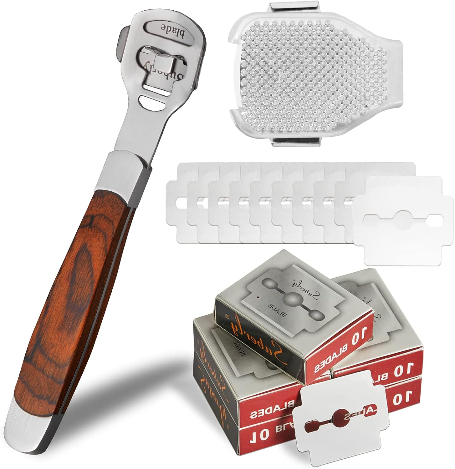 52Pcs Callus Shaver Set,1Stainless Steel Foot Razor Wooden Handle with 50Replacement Slices Blades and 1Foot File Head Foot Care Tools,Foot Shaver Callus Remover,Hard Dry Skin Remover for Hand Feet