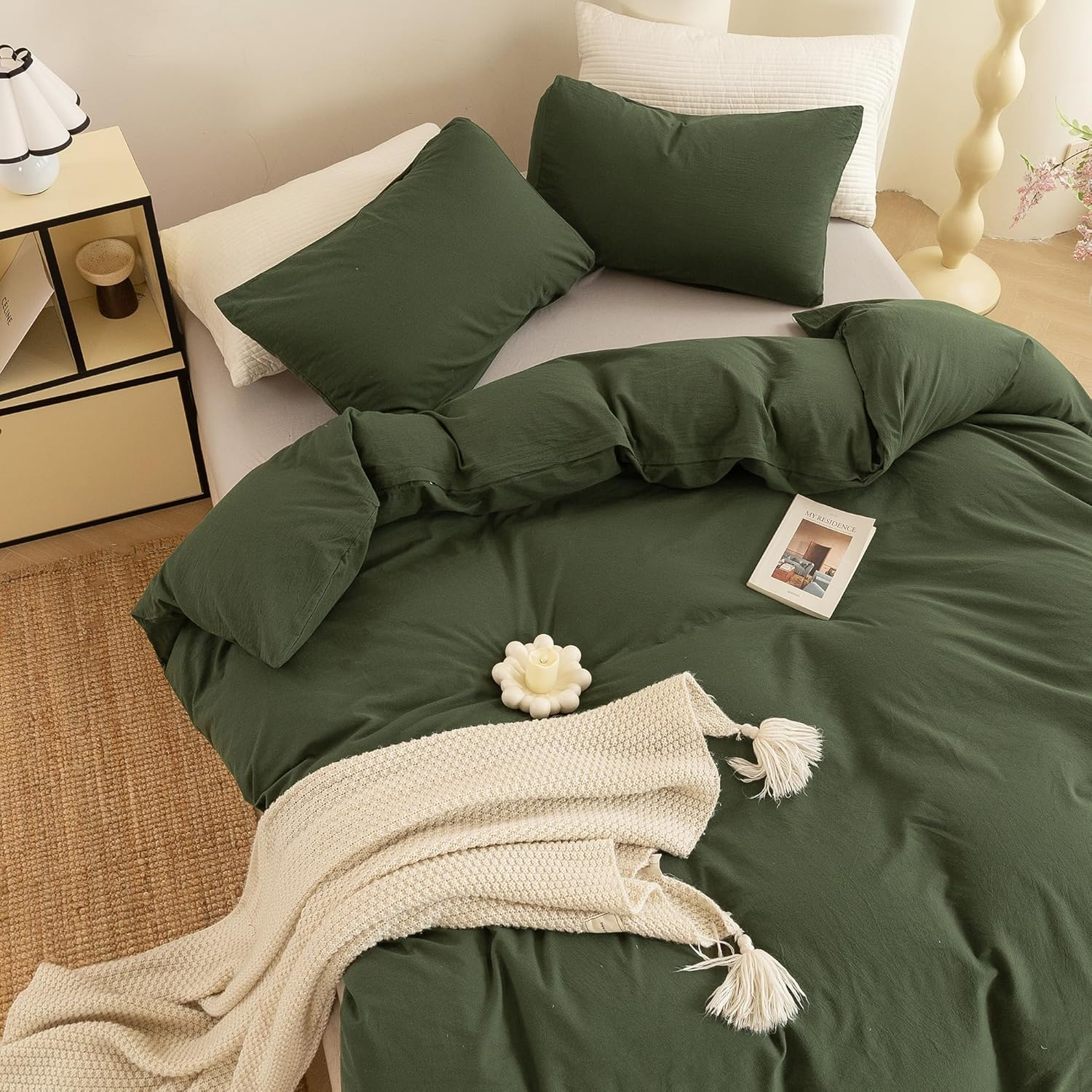 ECOCOTT 3 Pieces Duvet Cover Set Queen 100% Washed Cotton 1 Duvet Cover with Zipper and 2 Pillowcases, Ultra Soft and Easy Care Breathable Cozy Simple Style Bedding Set (Avocado Green) image number 6