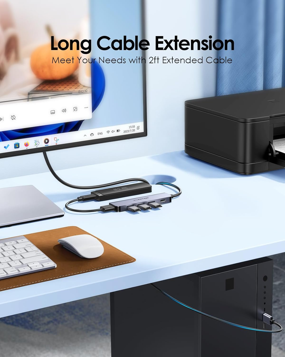 Lention 2FT Long Cable USB 3.0 Hub Multiport Adapter, Ultra-Slim Data USB a Hub with 4 USB 3.0 Port & 5V/3A USB C Power Supply Port for Laptop, PC, Macbook, Imac, Xbox, PS4/PS5, Hard Drive, More image number 1