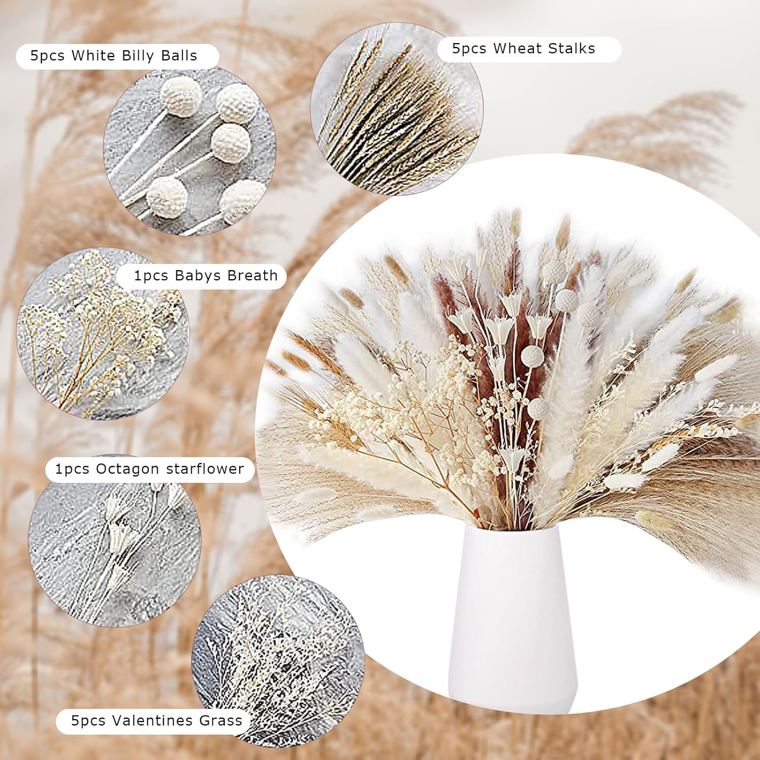 109 Pcs Pampas Grass Decor Boho Home Decor Dried Flowers, Beautiful Natural Dried Pampas Grass Bouquet for Office Decor, Wedding Decor, Farmhouse Decor, Festival Decor image number 6