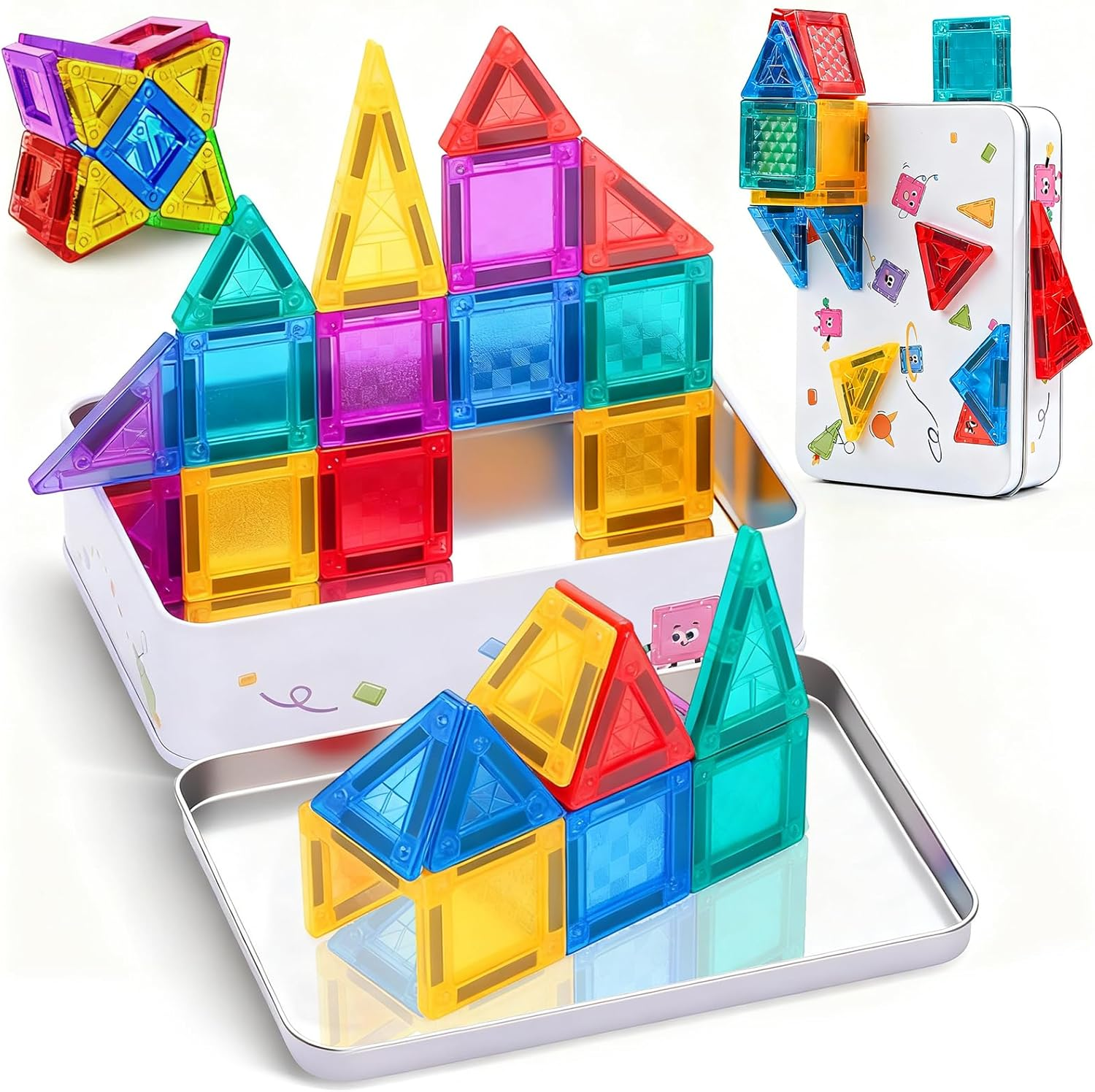 Mini Magnetic Tiles 56PCS, Travel Magnetic Tiles Set Portable with Iron Case, STEM Sensory Magnetic Building Toys Set for Kids Age 3+, Travel Toys Present for Boys Girls Birthday image number 6