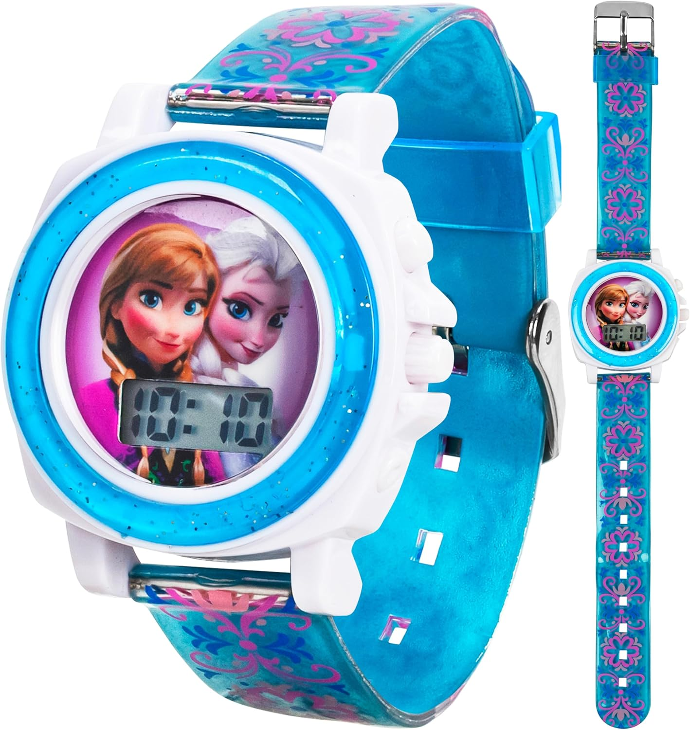 Disney Frozen Digital Watch for Kids with Anna and Elsa Design, Plays "Let It Go" Song, Adjustable Silicone Strap, Clear LCD Display, Ages 4 and Up, Blue, Digital,Quartz Movement image number 5