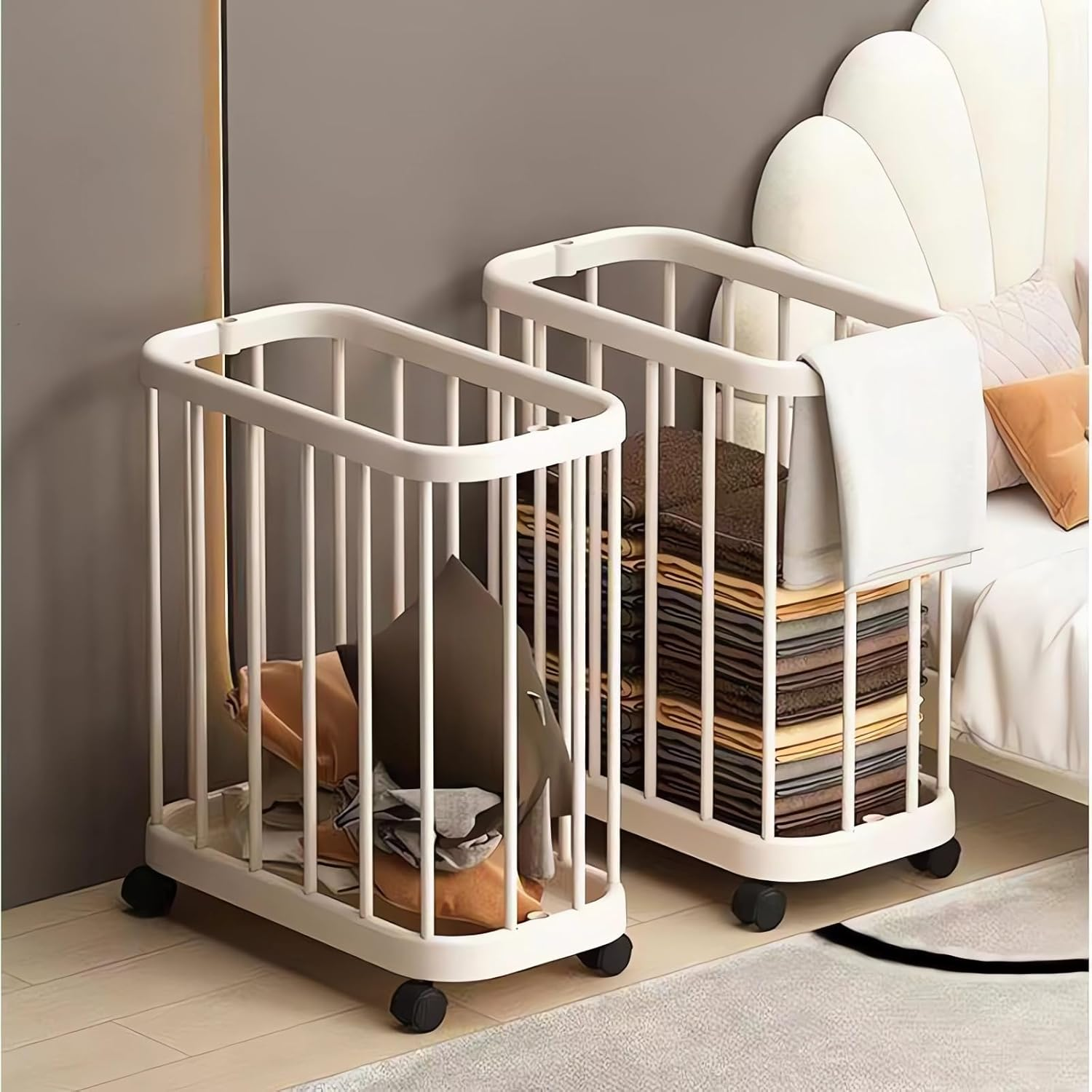 Rolling Storage Basket with Wheels, White Vertical Bar Design, Mobile Storage Cart for Toys, Clothes and Bathroom Essentials image number 6