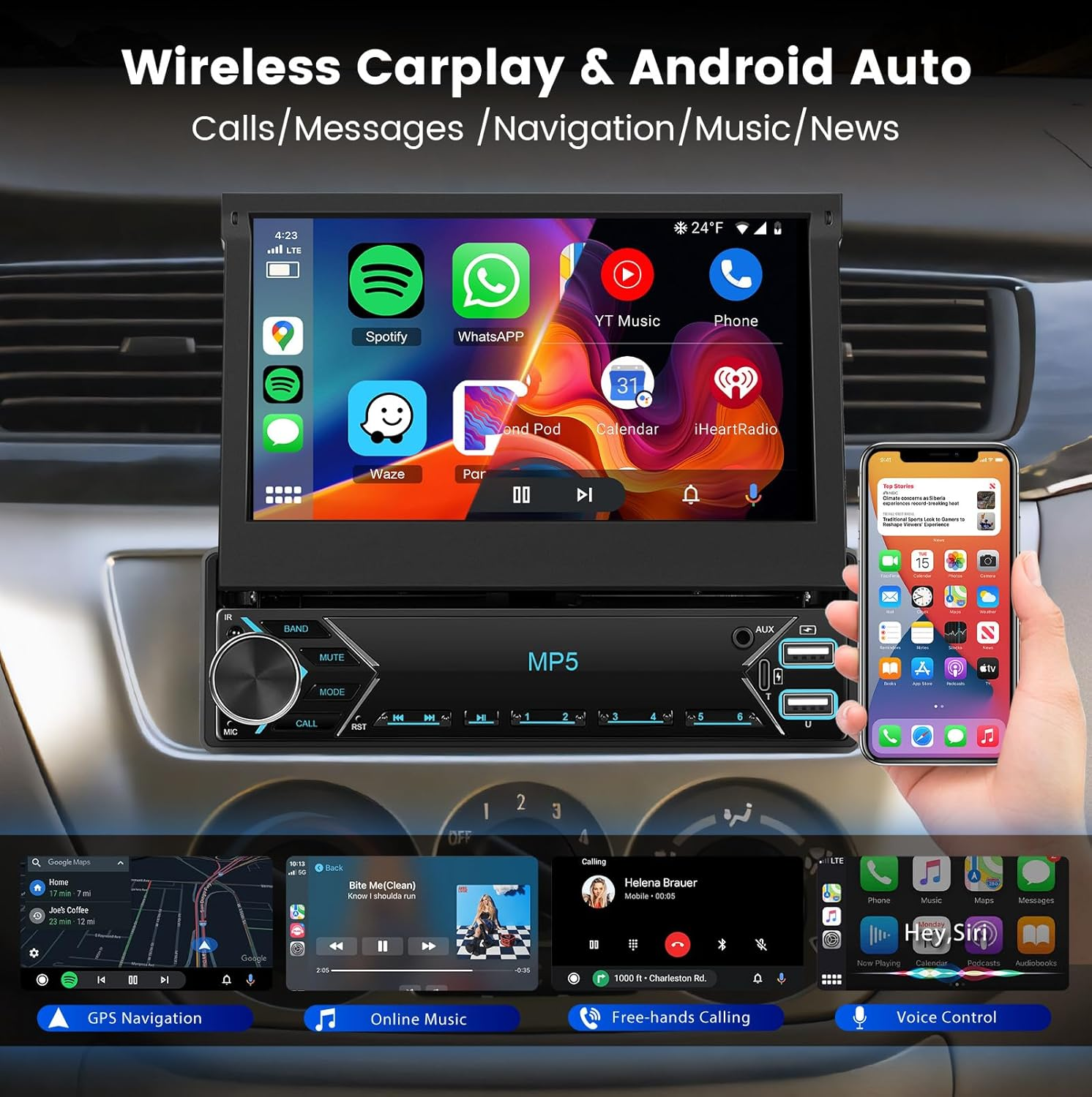 Single Din Flip Out Car Stereo with Wireless Carplay Android Auto, Hodozzy 7 Inch Car Radio Bluetooth with Touch Screen, FM Radio, EQ, SWC, Support U Disk/Usb/Type-C and Reversing Camera image number 2