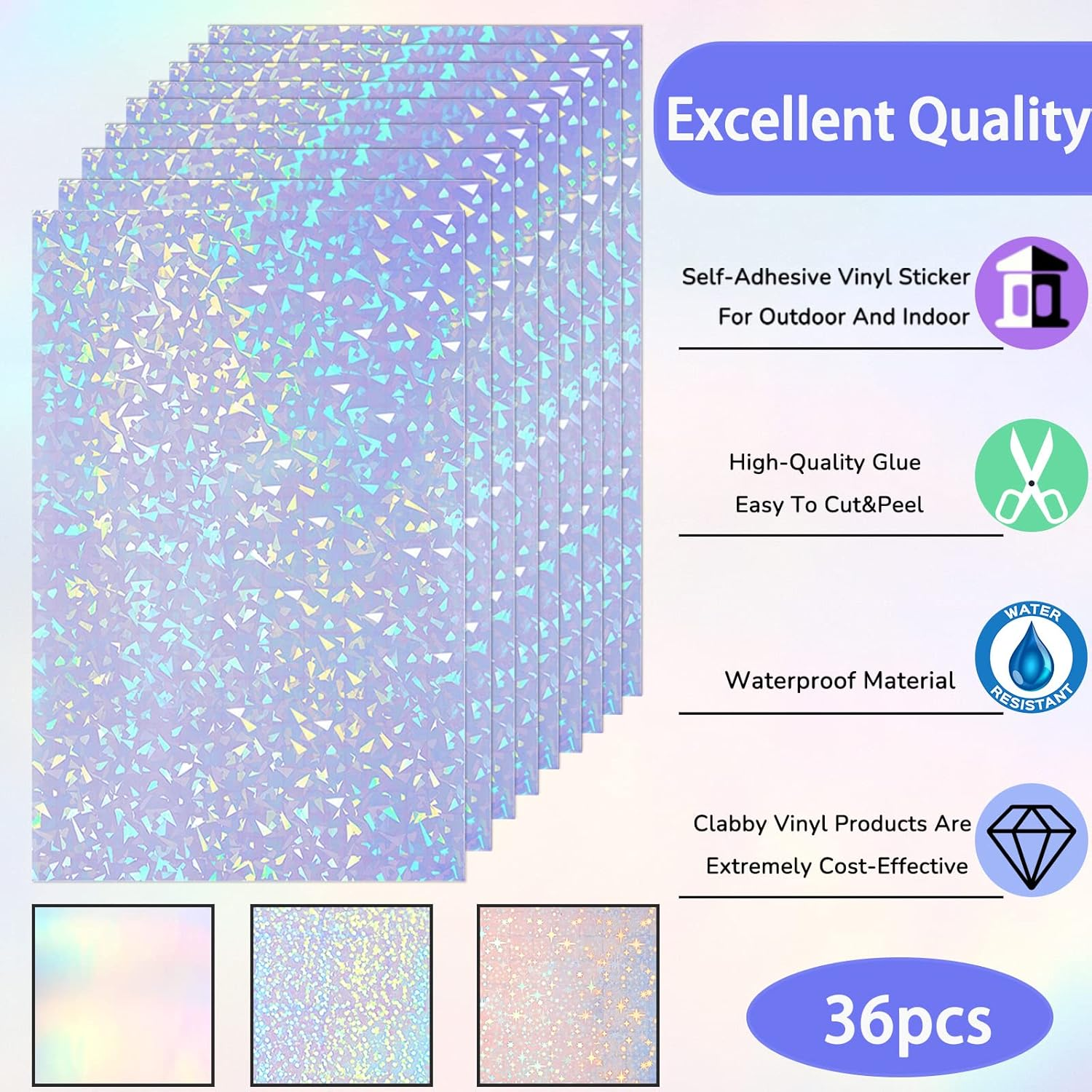 36 Sheets Self-Adhesive Paper Holographic Transparent Paper A4 Waterproof Self-Adhesive Transparent Film 11.7 X 8.3 Inches (Gem, Point, Colorful, Star) image number 3