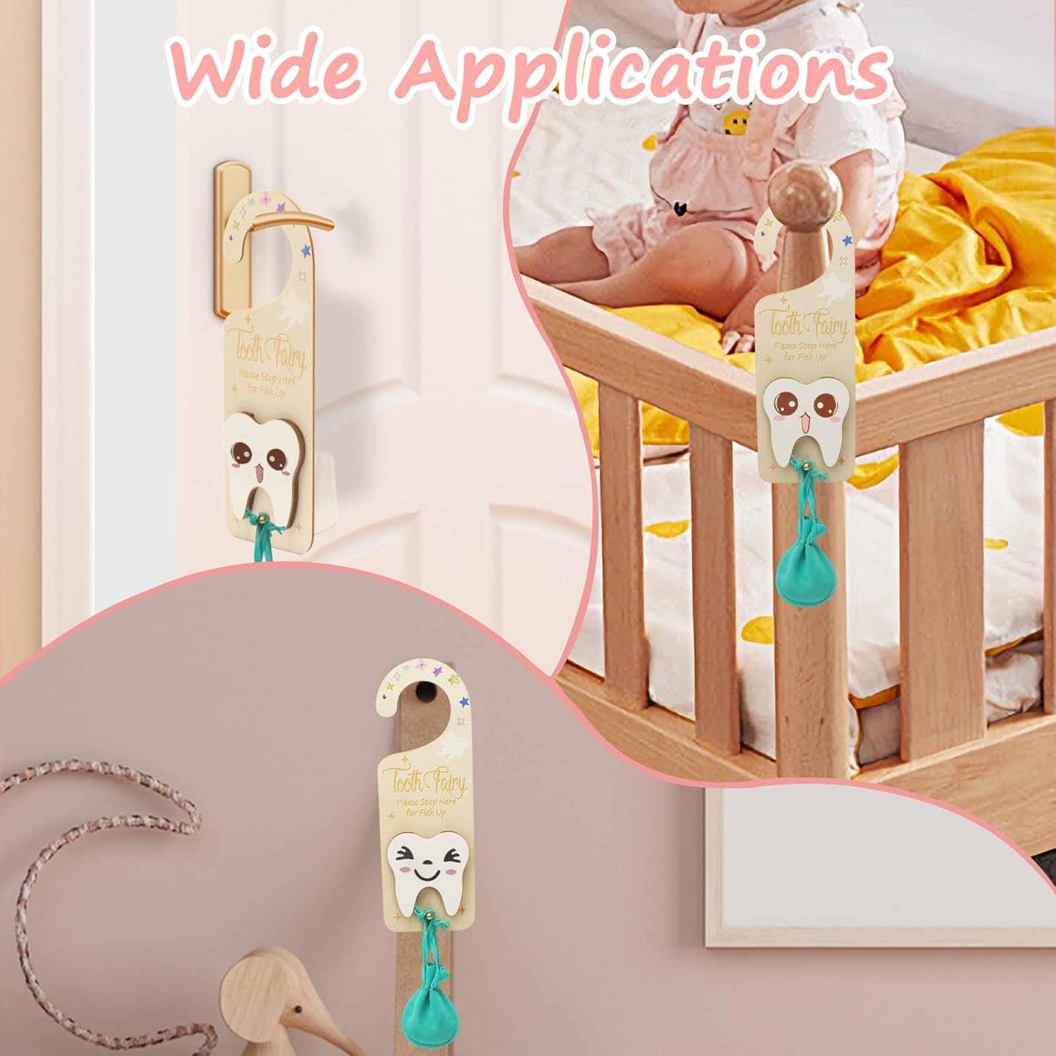 2 PCS Tooth Fairy Tooth Holder, Room Decor Tooth Fairy Door Hanger with Money Slot, Keepsake Bag & Elegant Patterns for Lost Teeth, Encourage Gift for Boys & Girls Milk Teeth image number 4