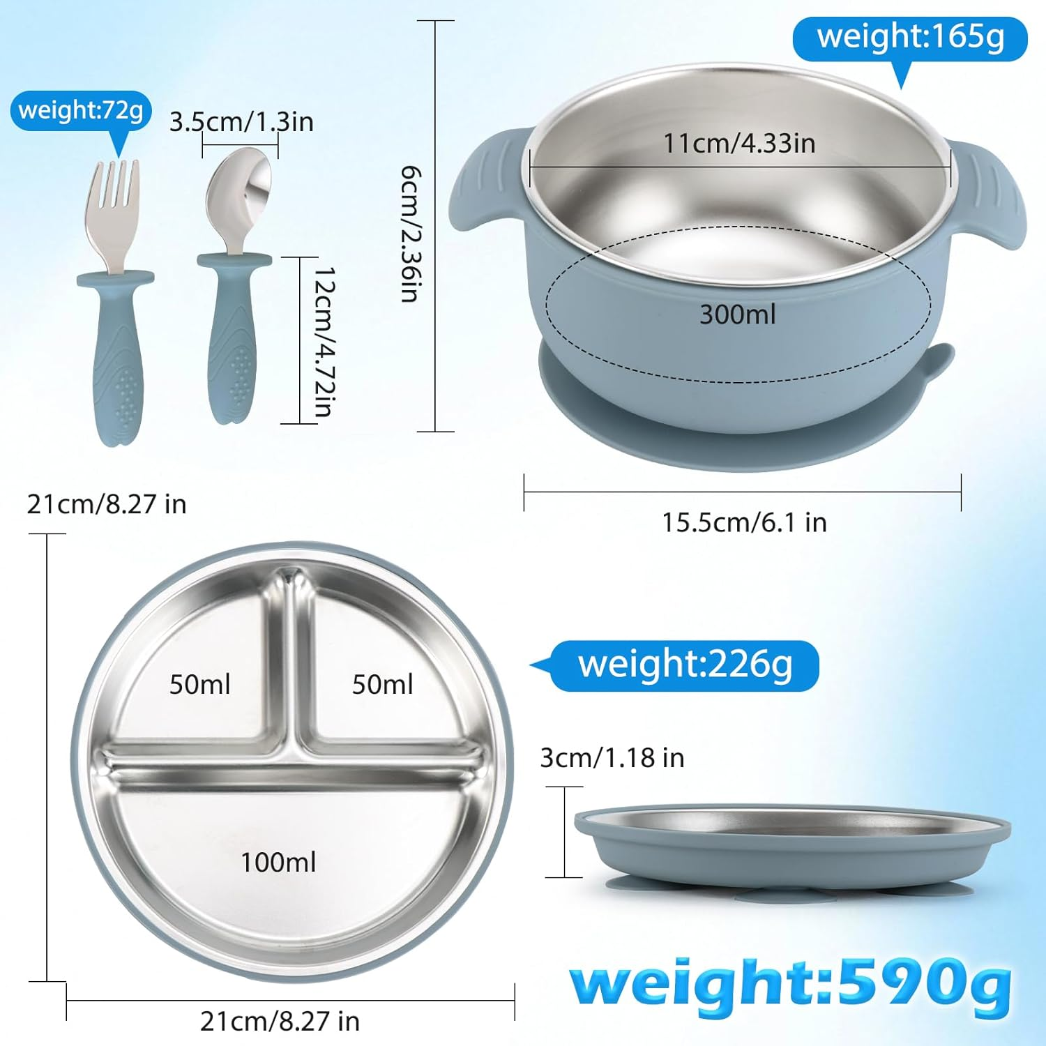 Silicone Feeding Set,Stainless Steel Suction Plate,Baby Utensil Set.Include a Spoon,A Fork, a Plate,A Stainless Steel Kids Bowl. image number 1