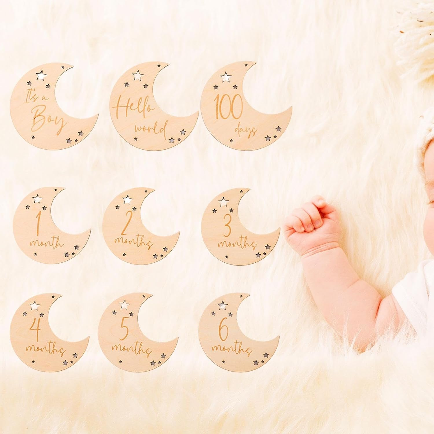 TENOL 9 Pieces Baby Birth Announcement Sign Wooden Baby Monthly Milestone Cards Photography Prop Accessories Wooden Milestone Photo Card for Boys, Boys Version