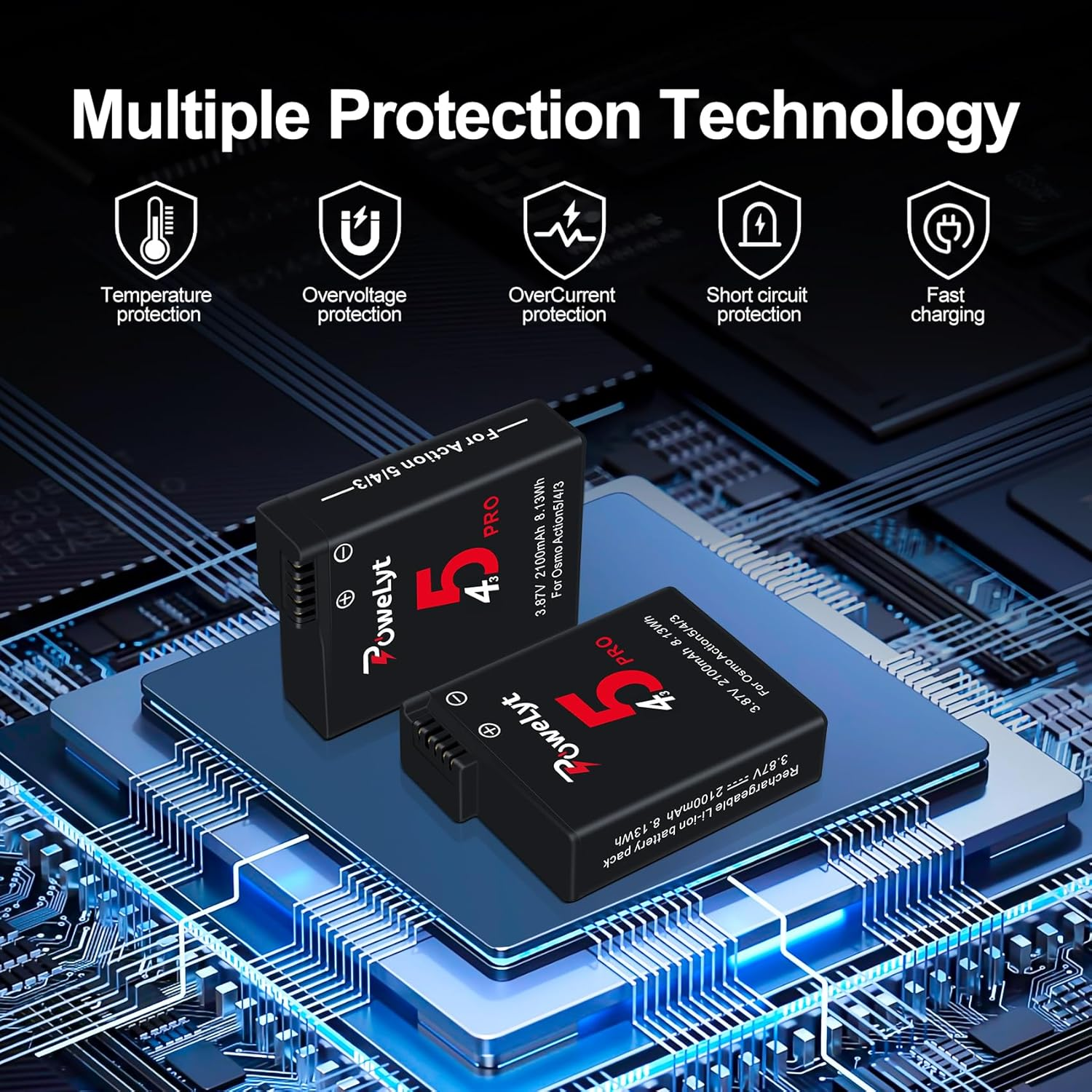 Powelyt Osmo 360/Action 6/5 Pro/4/3 Battery 2 Packs 3.87V 2100Mah Osmo Action 5 Pro Batteries and 3 Channels Charging Station Compatible with DJI Osmo Action 6/Action 5 Pro/Action 4/Action 3,Osmo 360 image number 4