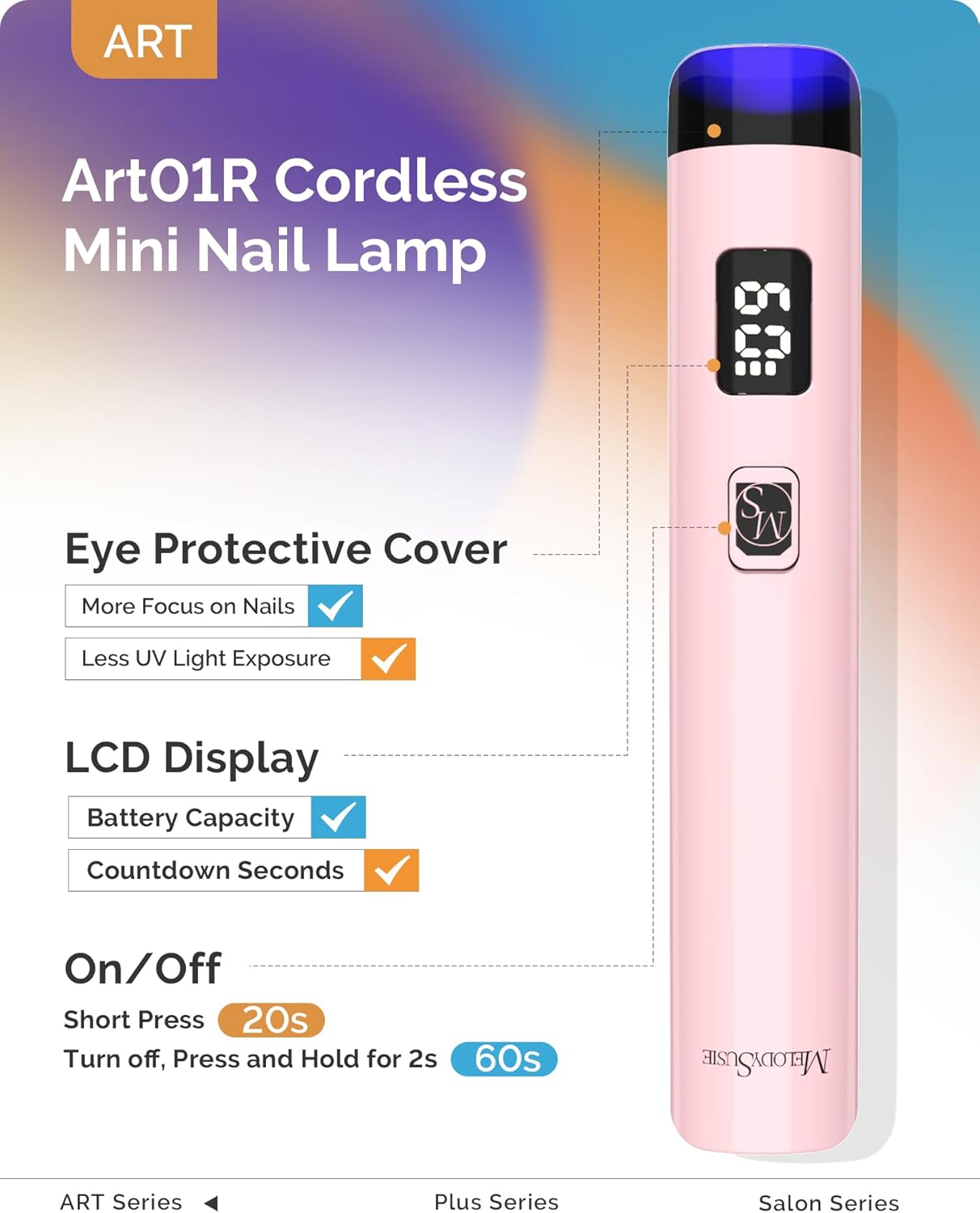 Melodysusie Handheld UV Light for Gel Nails, ART01R Cordless Gel X Nail Lamp Rechargeable with LCD Display, Eye Protection Cover Flash Cure Nail Dryer for Rhinestone Glue Decoration DIY at Home image number 5