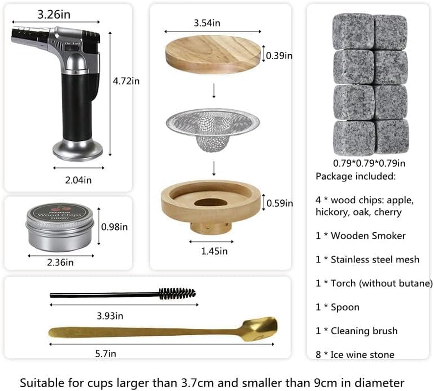 NOAEOU Father'S Day Cocktail Smoker Kit with Torch，Whiskey Smoker Kit with Ice Wine Stone,Bourbon Smoker Kit with Four Flavors Wood Smoked Chips，Fashioned Smokers Kits (Without Butane) image number 6