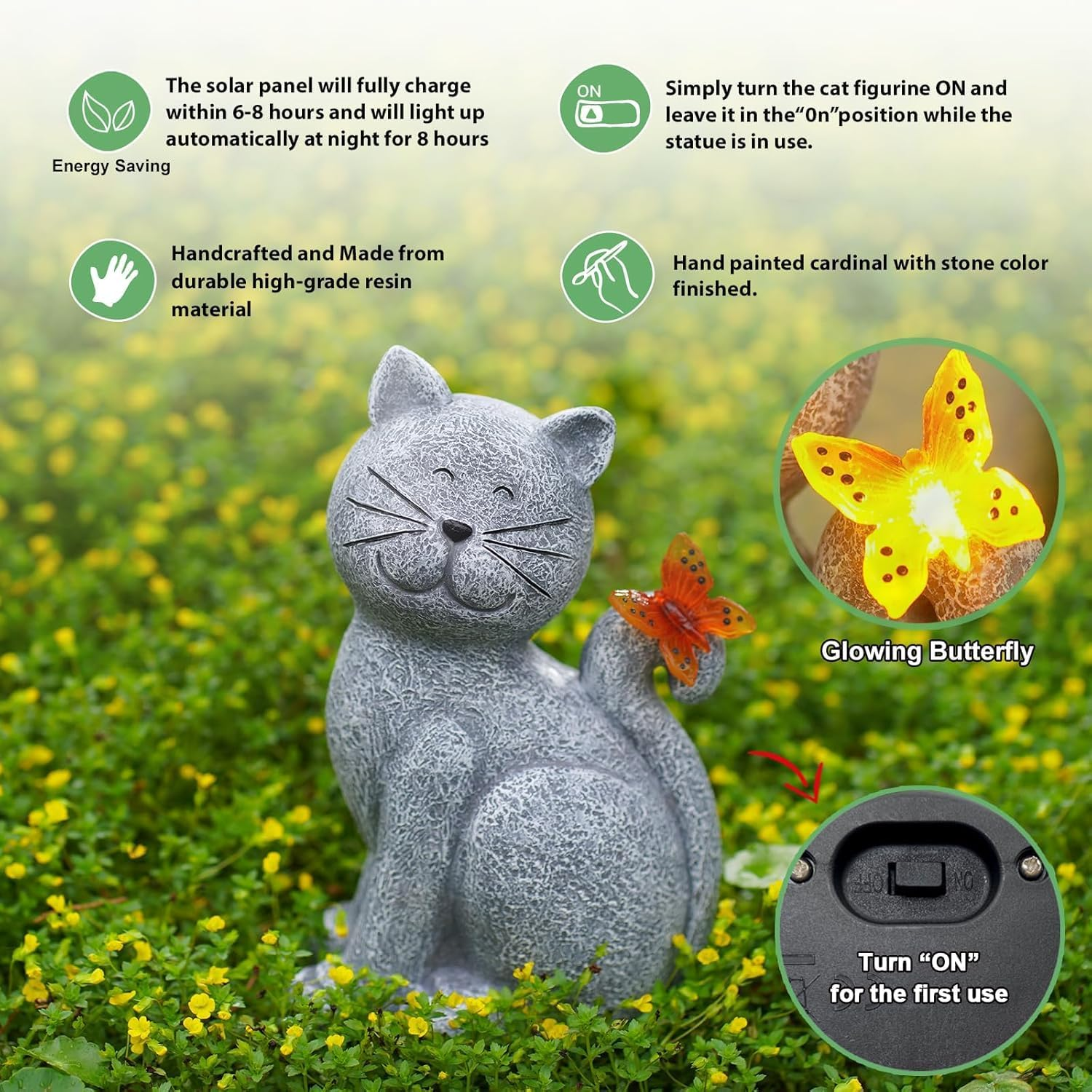 Garden Cat Statue Outdoor Solar Light, outside Decor with Butterfly, Patio Easter Ornament for Lawn Balcony Porch Yard Art Decor, Birthday Gifts for Mom Grandma Women image number 1