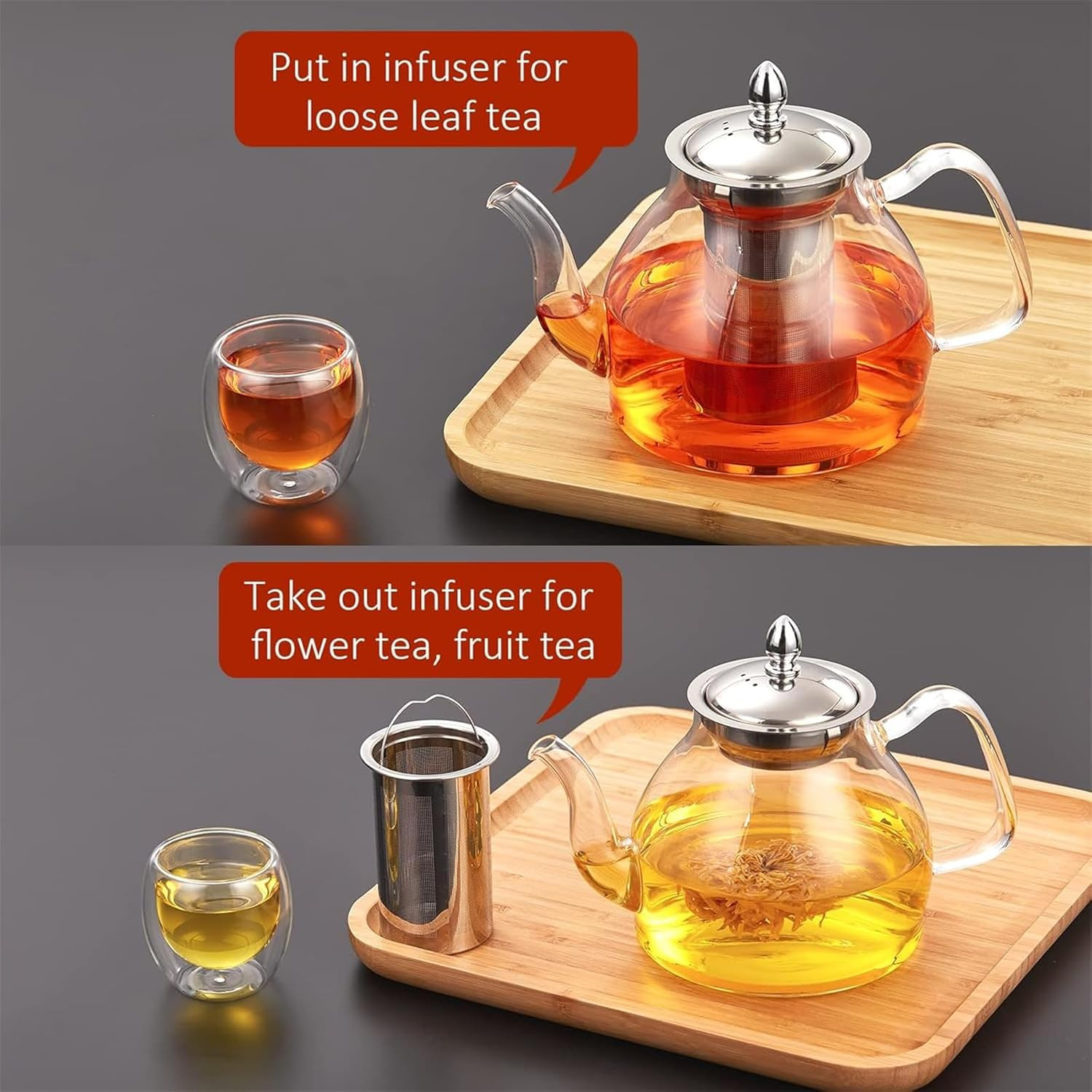1200Ml Glass Teapot, 40Oz Stovetop Safe Tea Steeper Glass Kettle with Removable Stainless Steel Infuser for Blooming Tea & Loose Leaf Tea image number 2