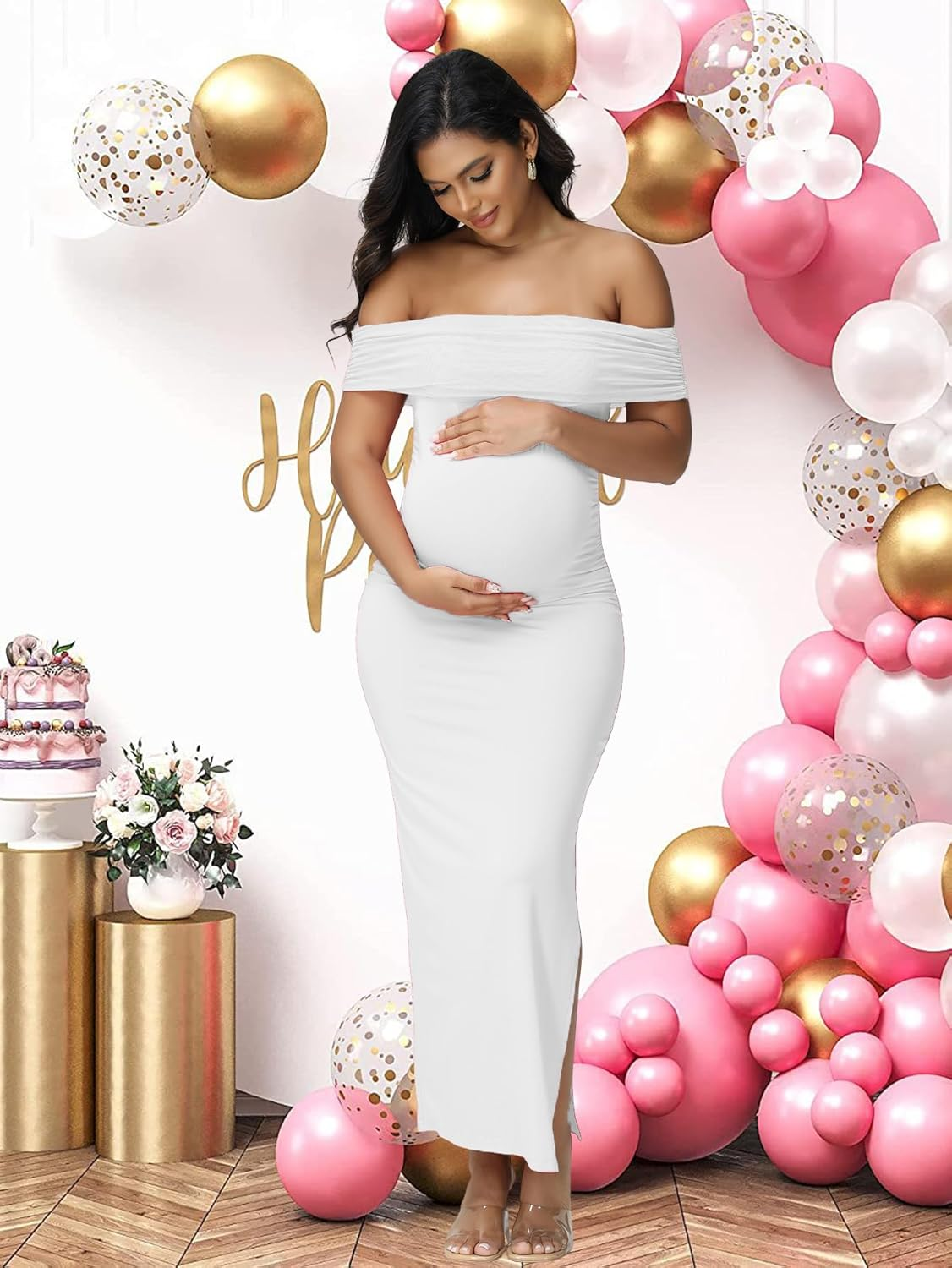 Justvh Women'S Maternity Mesh off Shoulder Sleeveless Split Party Midi Dress for Baby Shower Photoshoot Gown