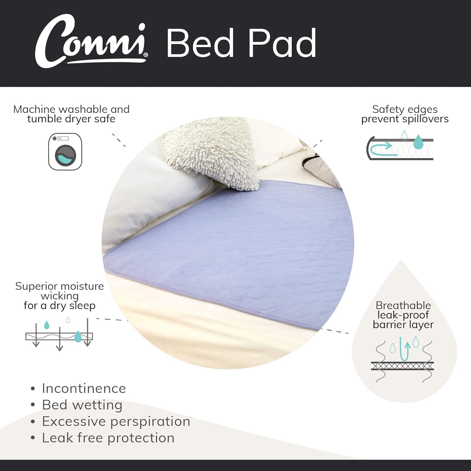 Conni Reusable Bed Pad, Absorbent, Waterproof and Washable Protector Pad for Incontinence, Bed Wetting and Perspiration, Charcoal, 95 X 85 Cm - Organic Print image number 3
