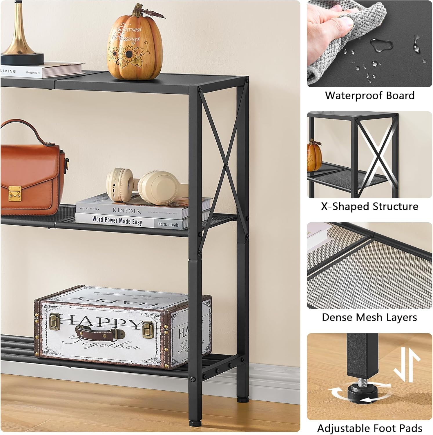 Hoctieon Industrial Console Table, 3-Tier Entryway Table, Metal Frame, Sofa Tables with Shelf, Hallway Desk, Entrance Desk for Entryway, Living Room, Foyer, Hallway, Black image number 2