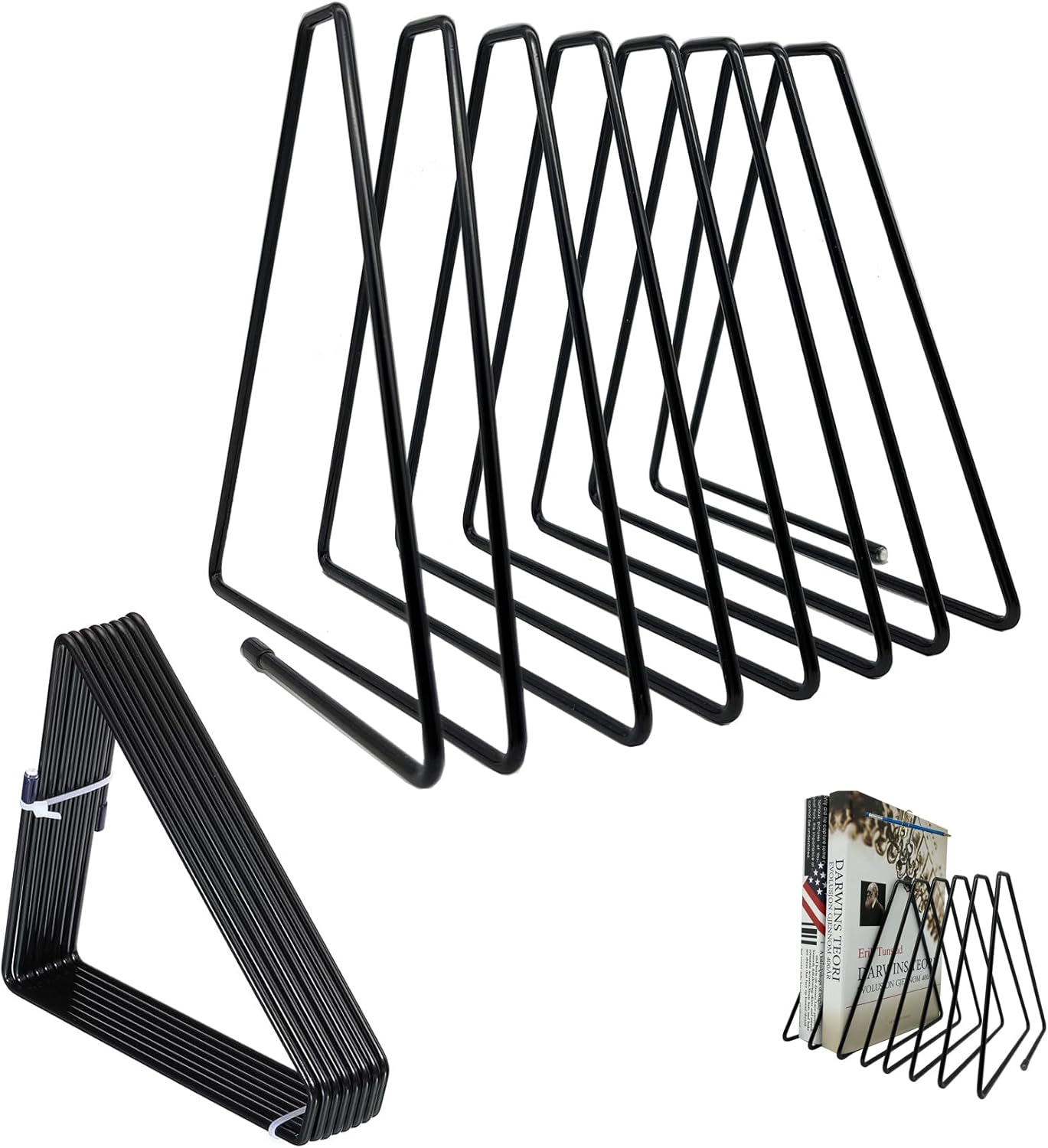 FEIQIAO Adjustable Telescopic Triangle Record Shelf Bookshelf, Wire Folder Organizer Sorter, Decorative Desktop Book Organizer Magazine Rack (Gold, 7 Grid)