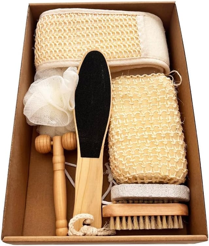 JCBCKJ 7 Bathing and Scrubbing Tools, Bath Gift Box Gift Four-Piece Set of Bath Towels, Bath Brushes, Grinding Stones, Sisal Bath Flower Set image number 1