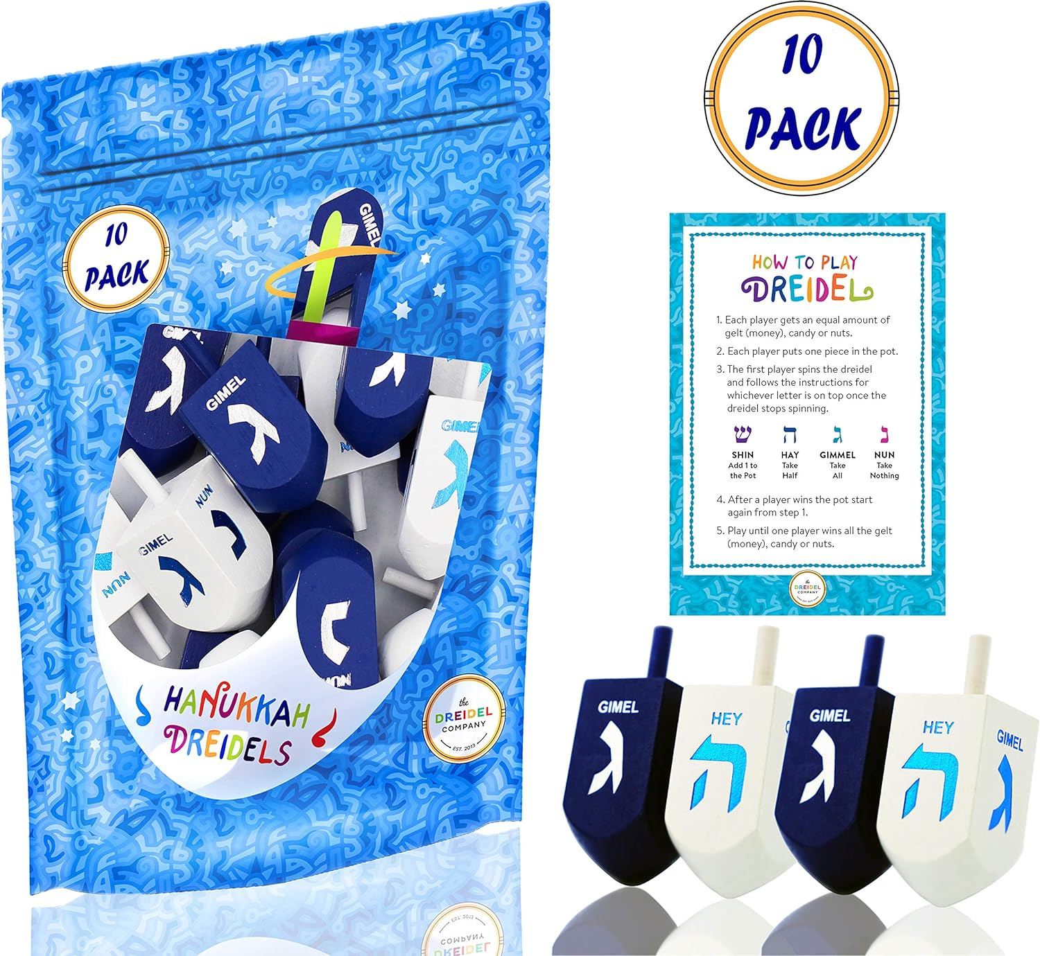 Let'S Play Dreidel the Hanukkah Game 2 Extra Large Blue & White Wood Dreidels - Instructions Included! - D10