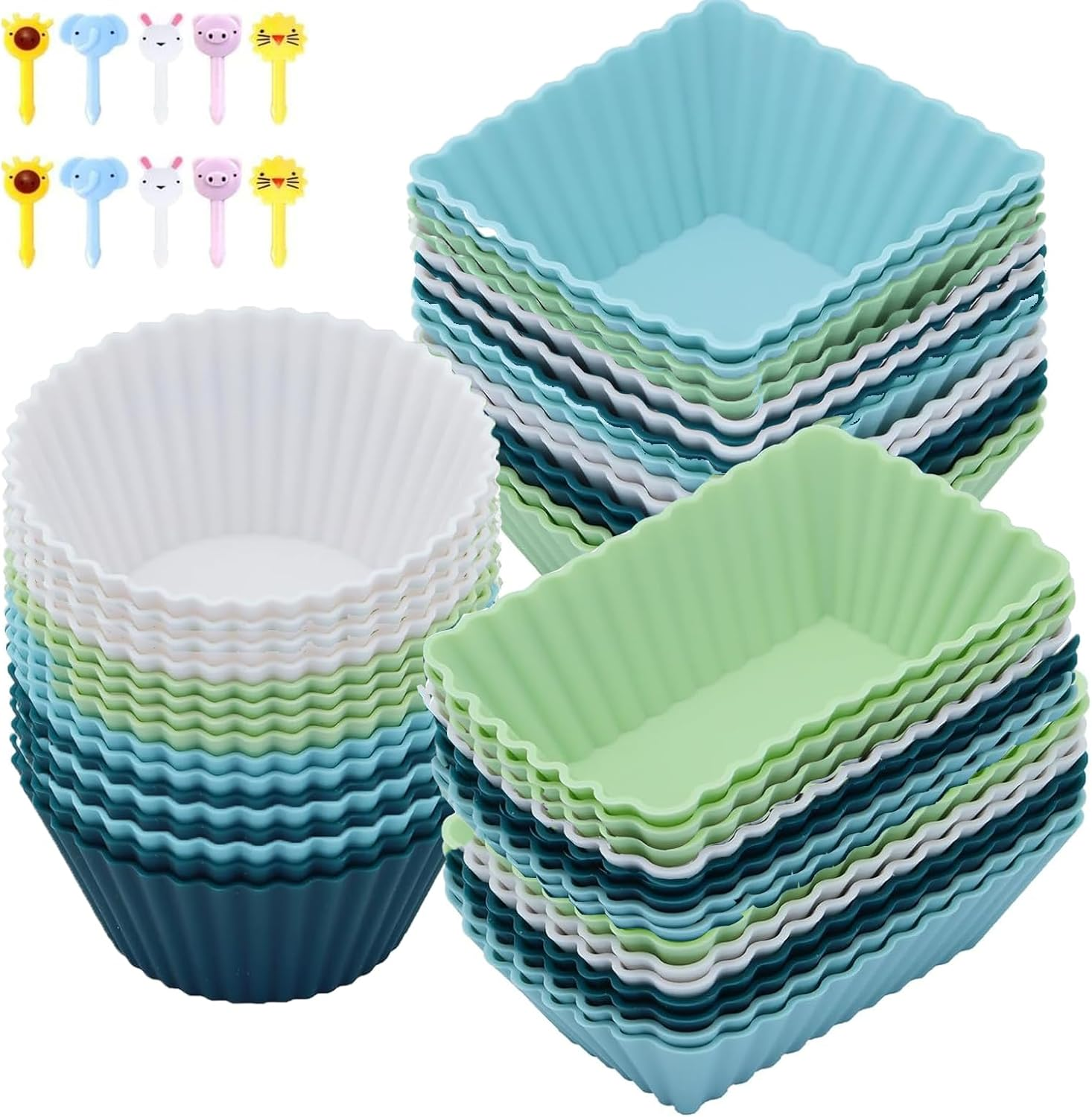 Silicone Cupcake Liners, 48 Pack Reusable Baking Cups, Non-Stick, Heat-Resistant, Round, Square, Rectangular, Green, Perfect for Birthdays, Baby Showers, Social Occasions image number 3