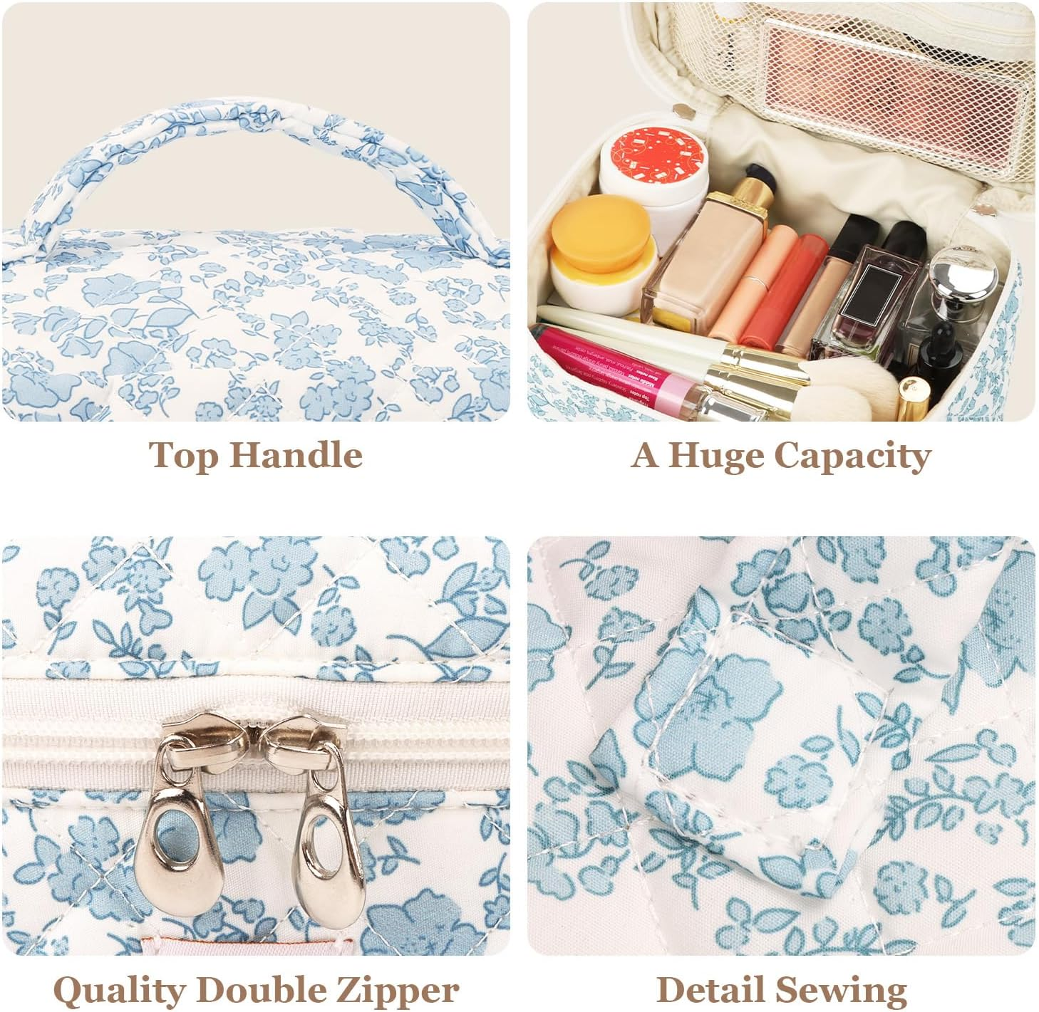 Globright 3 Pieces Makeup Bag Large Checkered Cosmetic Bag, Cotton Make up Bag Travel Toiletry Bag for Mom Girlfriend Wife Women, Floral, Morden image number 2