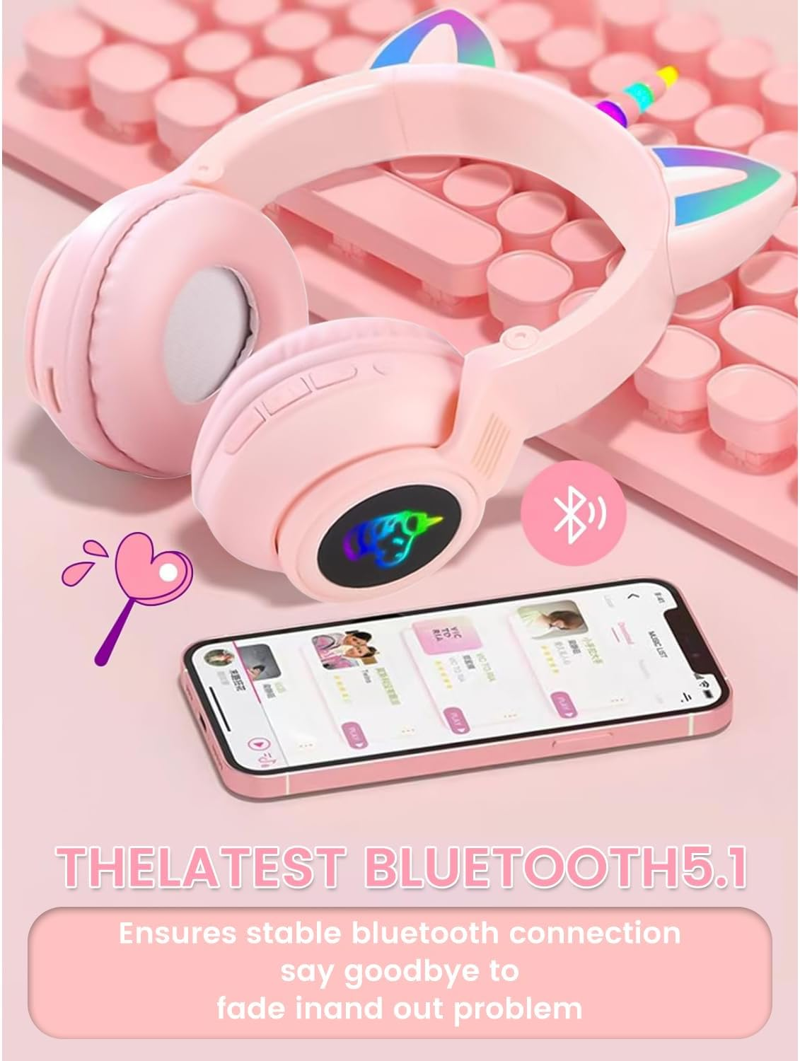 OHAANYY Wireless Headphones for Children, Headphones Bluetooth Unicorn Foldable, Girls with Cable and Microphone Headphones Children with LED Light Stereo Headphones for Mobile Phone/Tablet/Pc (Pink)