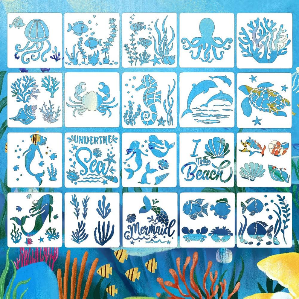 Stencils for Painting Ocean Theme, Reusable Sea Creature Mermaid Stencil Template for Painting on Wood, Wall, Scrapbook (White)