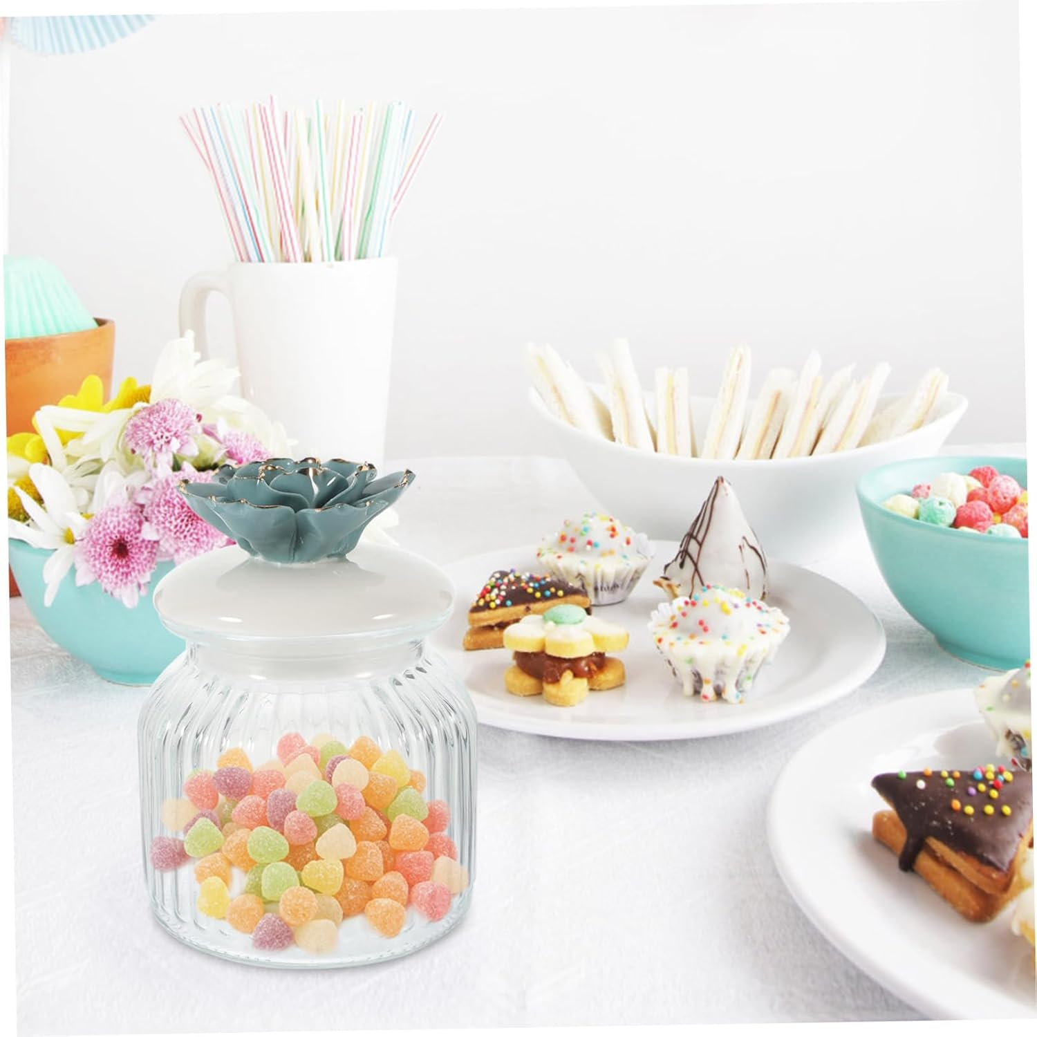 VILLFUL Glass Airtight Storage Jar with Ceramic Flower Lid Elegant Canister for Tea and Candy Safe Glass and Ceramic Material for Home Decor and Organization image number 5