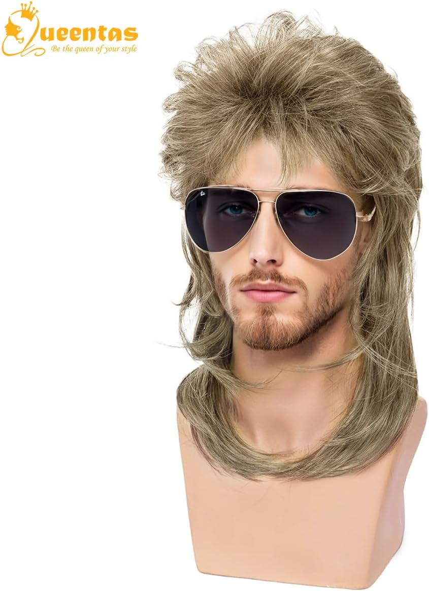QUEENTAS Dirty Blonde Mullet Wigs for Men 13 Inch Heat Resistant Synthetic Curly Hair for 80S Costumes Fancy Party Accessory Cosplay image number 5