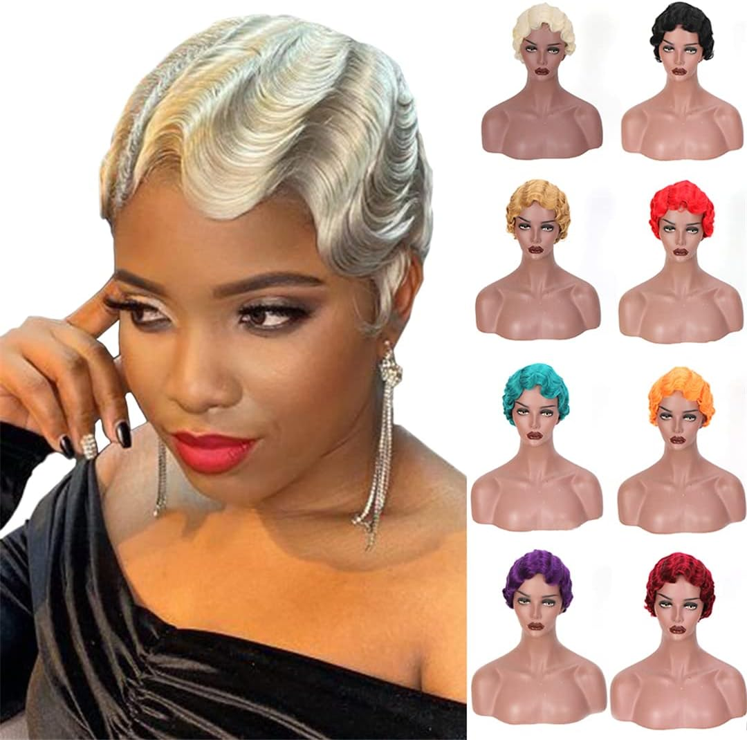 Short Finger Wave Wig Cosplay Hair 6Inches Vintage Synthetic Wigs for Women Black Purple 613 Heat Hair 2801-2-Orange 6Inches