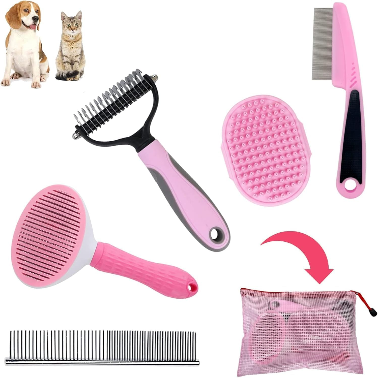 5PCS Professional Dog Grooming Kit - Includes Slicker Brush for Shedding, Dematting Comb, Flea Comb, Puppy Brush & Soft Bristle Brush for Dogs & Cats, Pet Hair Removal & Detangling Tool Set（Pink）