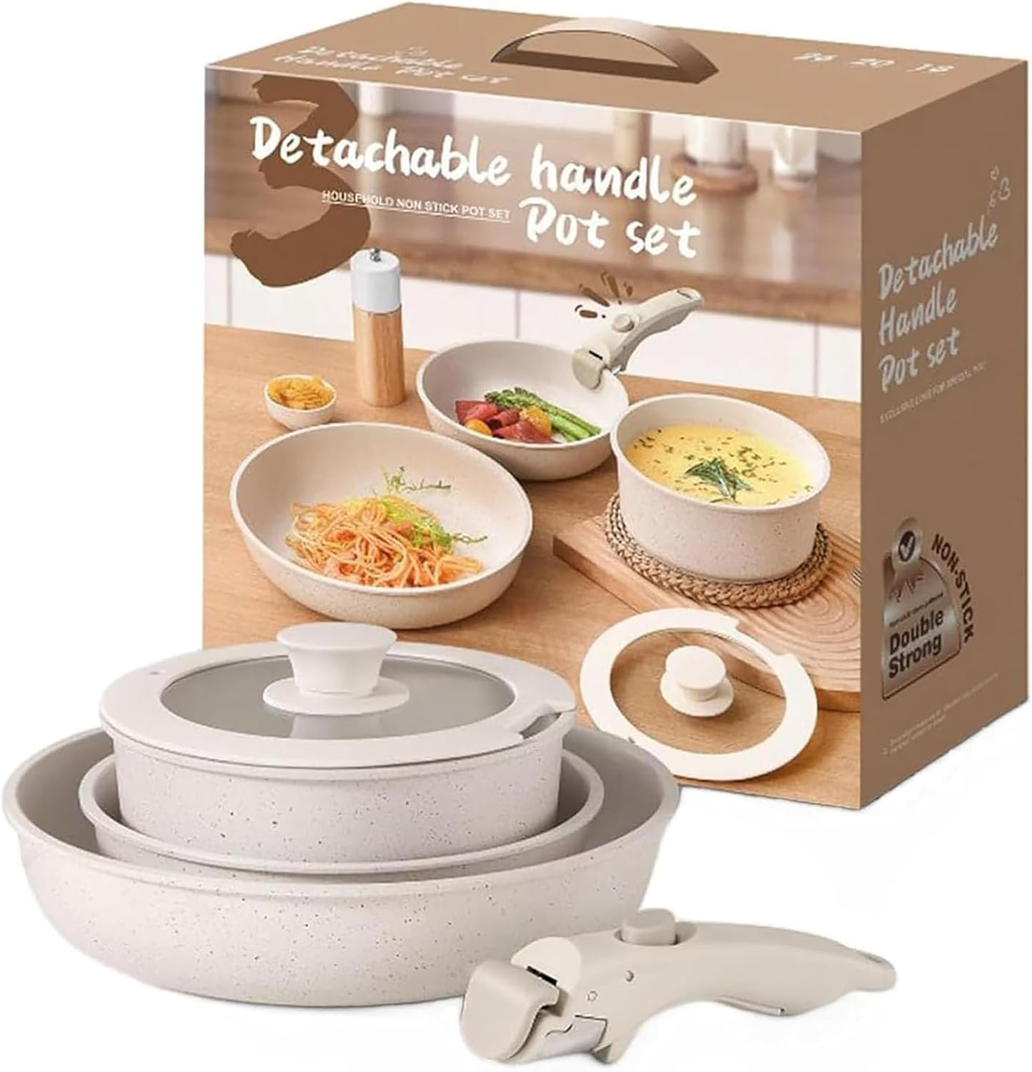 20 Pcs Pots and Pans Set Non Stick, Ceramic Cookware Set Detachable Handle, RV Kitchen Cooking Set Removable Handles, Stackable Non-Stick Pots Set for All Stoves and Oven Safe, Cream White