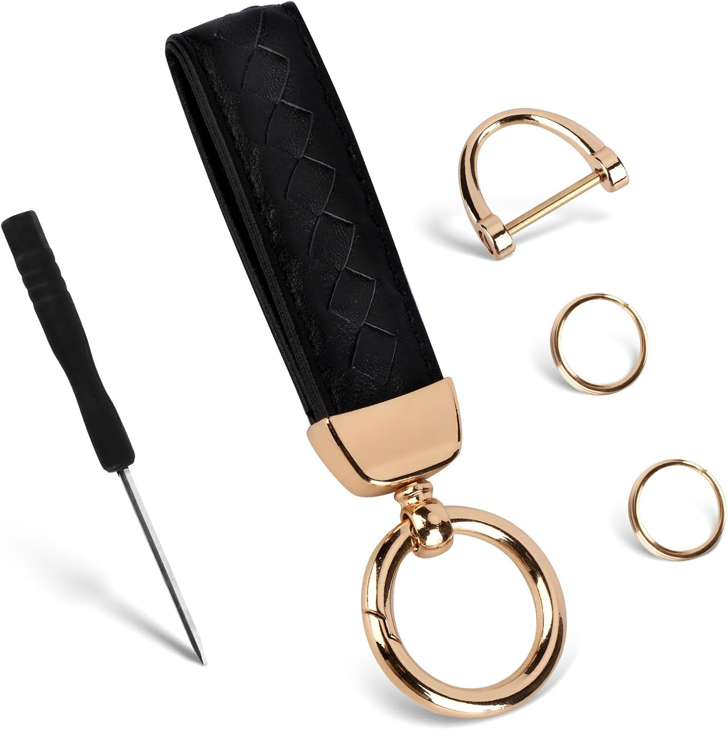 Genuine Leather Car Keychain, Car Key Chain Key Fob Holder with Anti-Lost D-Ring Keyrings and Screwdriver for Men Women Birthday Gift, Black, Large