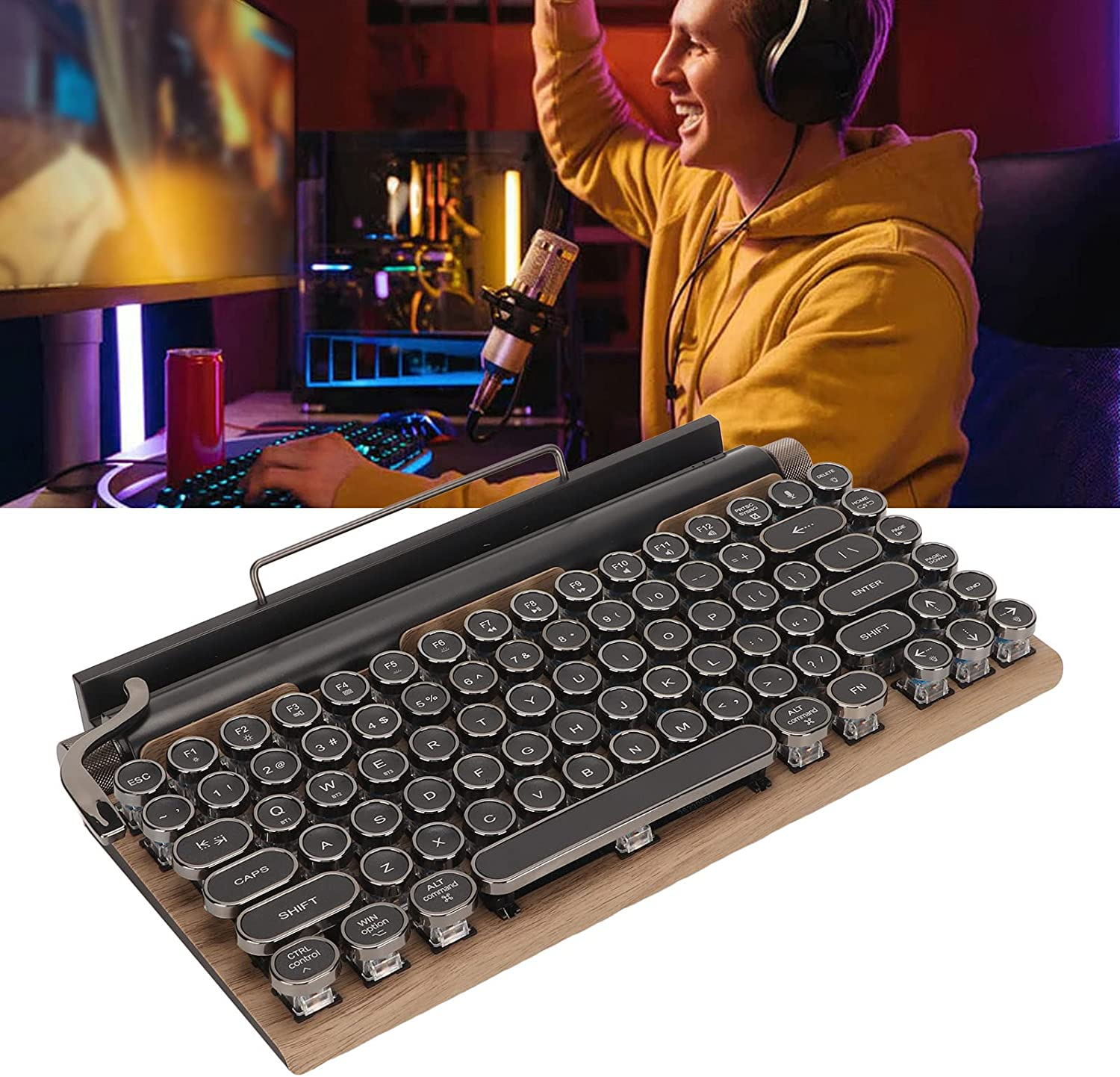 Retro Typewriter Keyboard, 83 Keys Electric Typewriter Vintage with Mechanical Bluetooth 5.0, 7 Color RGB Lighting 2000Mah Keyboard with Metal round Cap for Desktop PC Laptop Phone (Wood Grain Color) image number 4