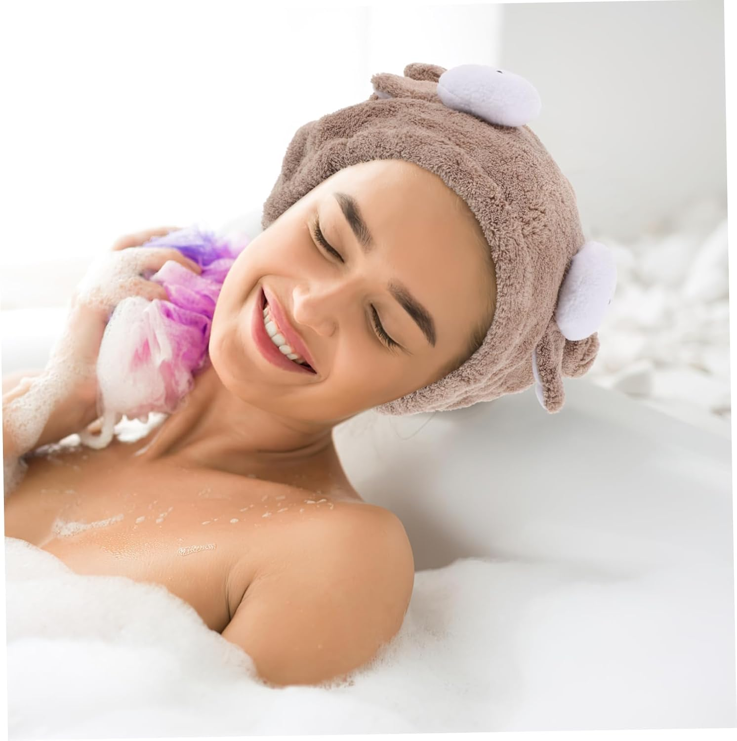 BESTYASH Cartoon Coral Fleece Hair Drying Cap Adorable Super Absorbent Towel Wrap for Women Quick Drying for Bathing Spa and Shower Use Whimsical Design image number 2