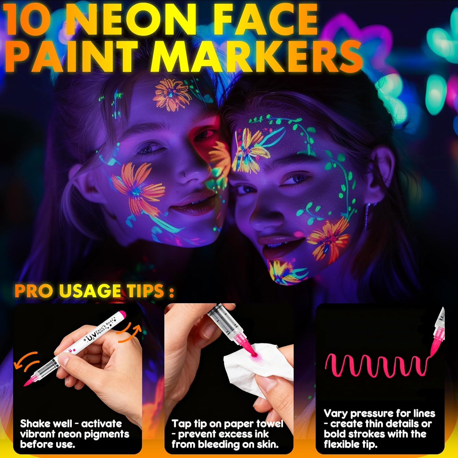 Nsxsu Halloween Makeup Glow in the Dark Face Paint Markers 10 Colors, Neon Body Paint Pen for Skin Glow under Black Light, Washable UV Temporary Tattoo Pens for Glow Party Supplies image number 3