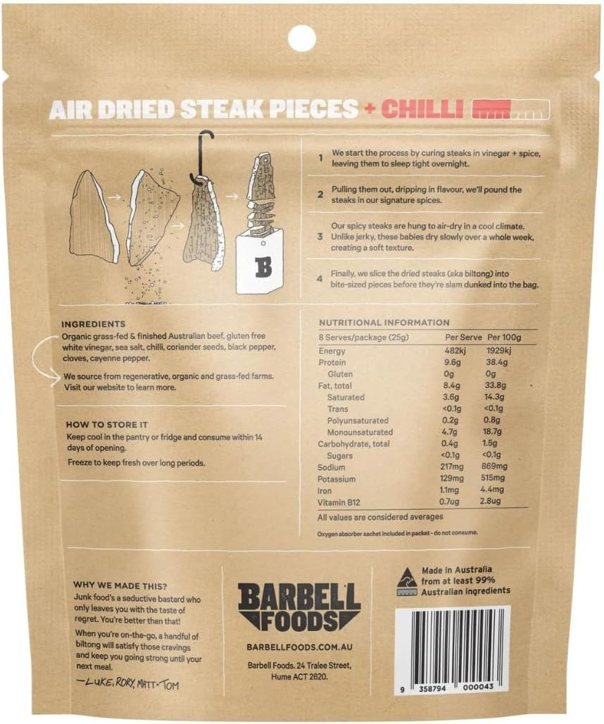 Barbell Biltong Air Dried Steak, Mixed Box, 6X200G Bags, Grass-Fed Beef, High Protein Meat Snack image number 6